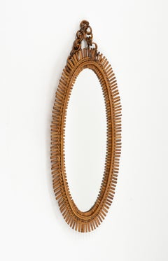 Midcentury Rattan and Bamboo Oval Wall Mirror Franco Albini Style, Italy 1960s