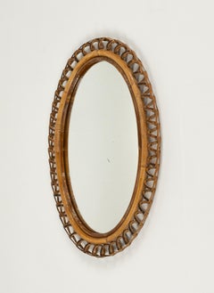Midcentury Rattan and Bamboo Oval Wall Mirror Franco Albini Style, Italy 1960s