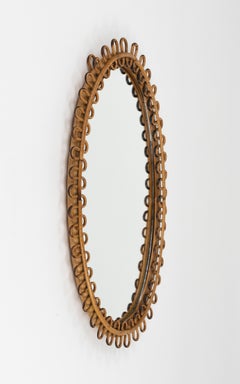 Midcentury Rattan and Bamboo Oval Wall Mirror Franco Albini Style, Italy 1960s