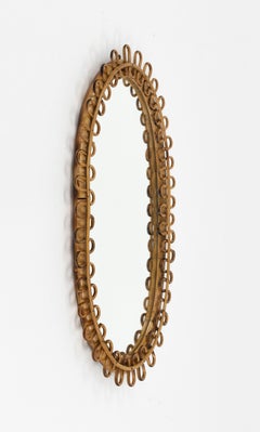 Midcentury Rattan and Bamboo Oval Wall Mirror Franco Albini Style, Italy 1960s