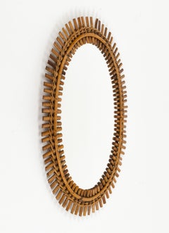 Midcentury Rattan and Bamboo Oval Wall Mirror Franco Albini Style, Italy 1960s