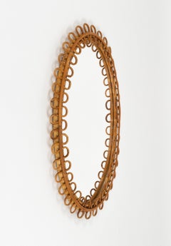 Midcentury Rattan and Bamboo Oval Wall Mirror Franco Albini Style, Italy 1960s