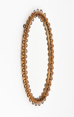 Espejo de pared ovalado de ratán y bambú de mediados de siglo Estilo Franco Albini, Italia Años 60