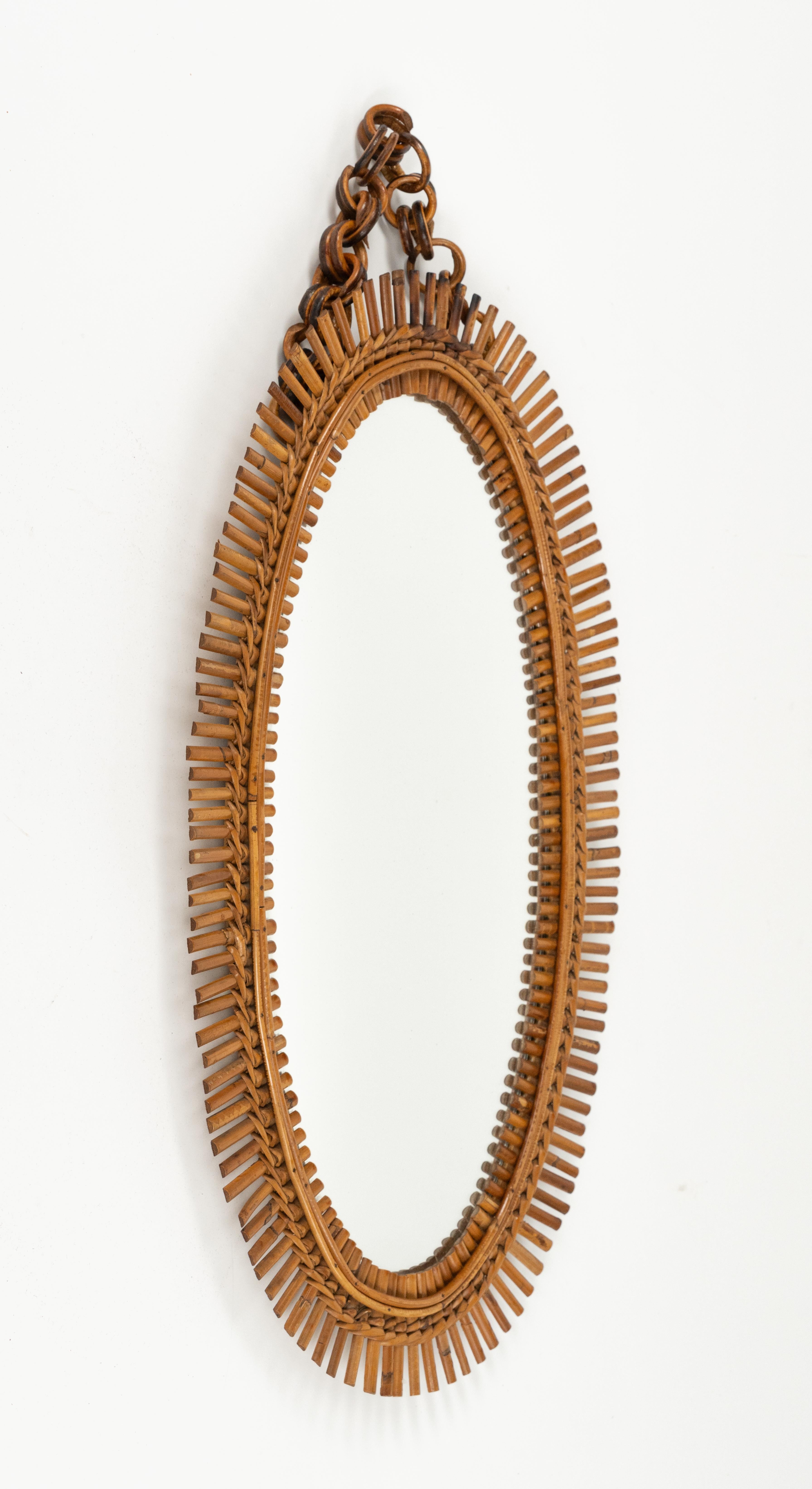 Mid-Century Modern Midcentury Rattan and Bamboo Oval Wall Mirror Franco Albini Style, Italy 1960s For Sale