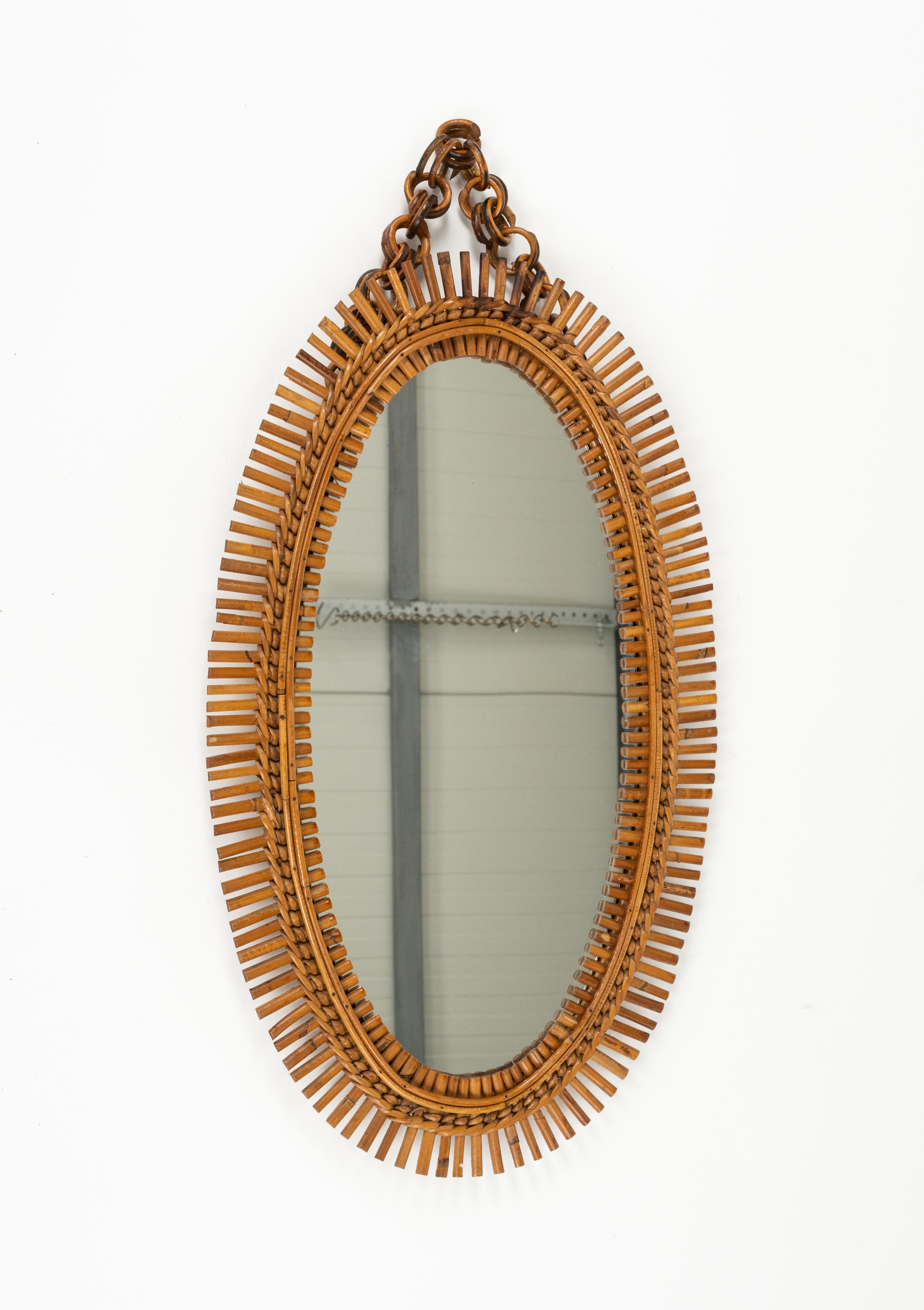 Italian Midcentury Rattan and Bamboo Oval Wall Mirror Franco Albini Style, Italy 1960s For Sale