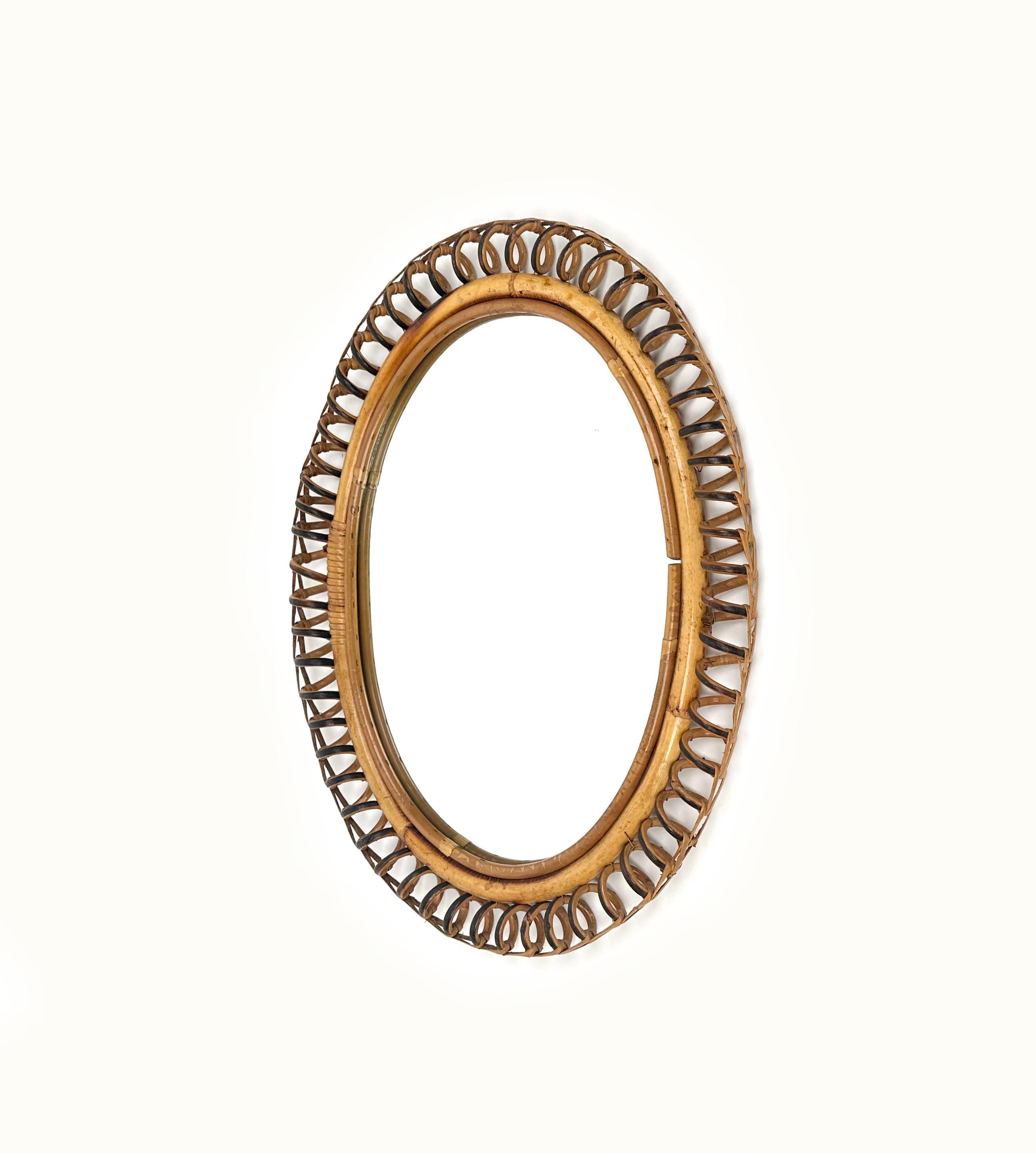 Mid-Century Modern Midcentury Rattan and Bamboo Oval Wall Mirror Franco Albini Style, Italy 1960s For Sale