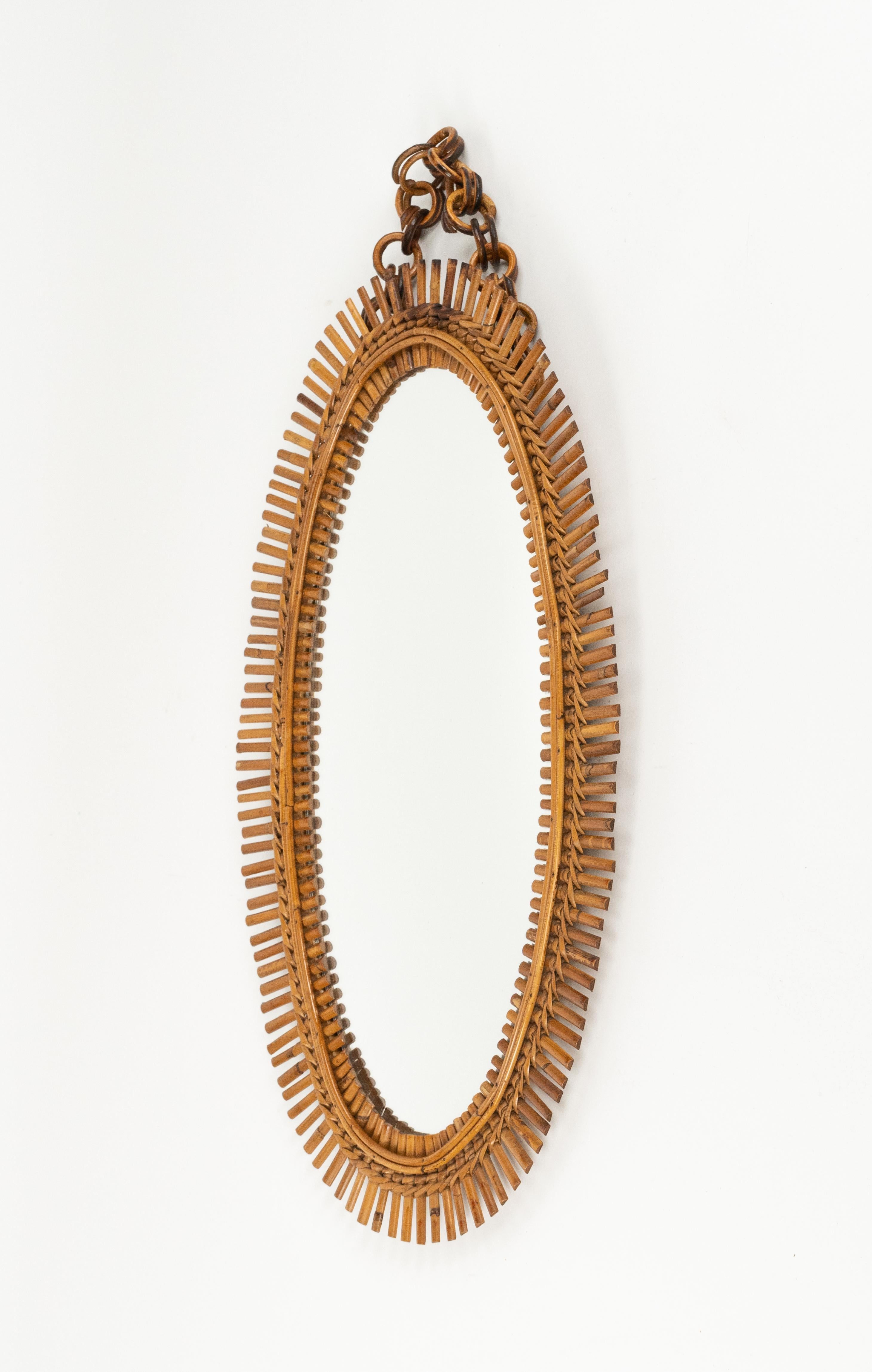 Hand-Crafted Midcentury Rattan and Bamboo Oval Wall Mirror Franco Albini Style, Italy 1960s For Sale