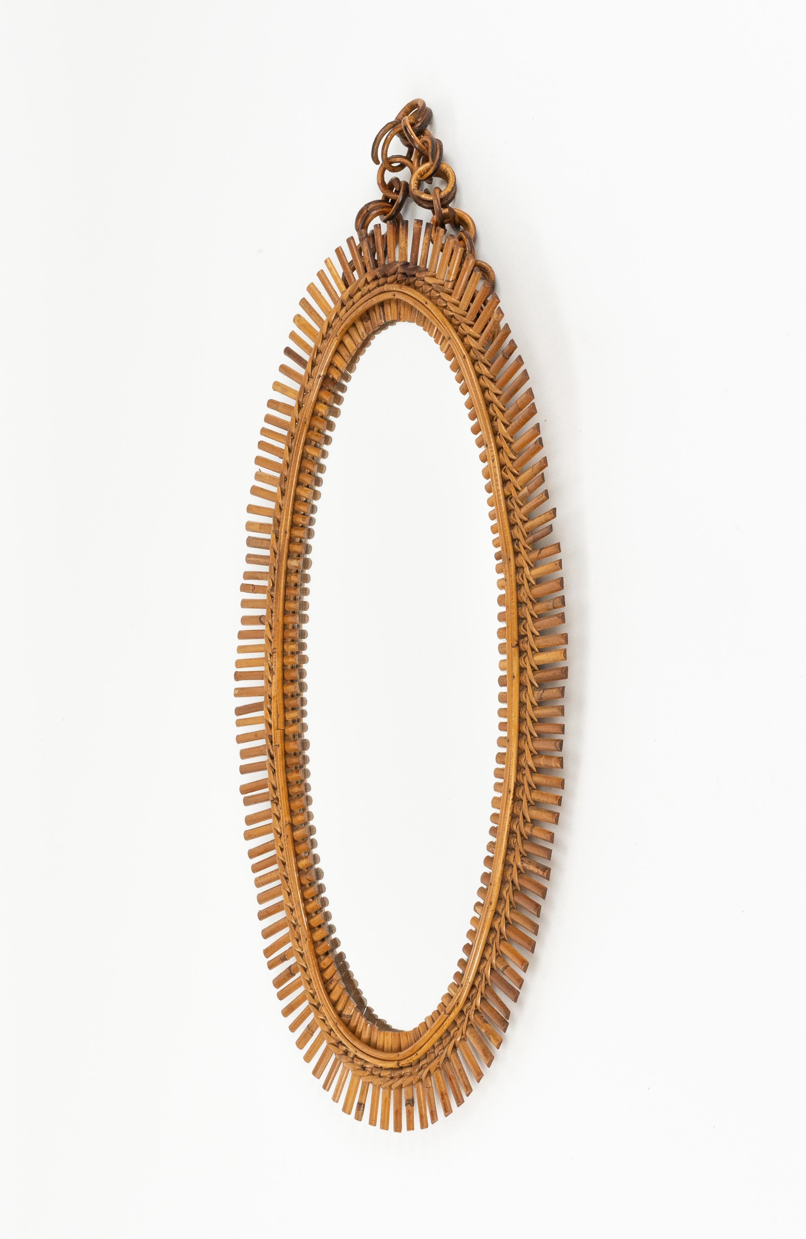 Midcentury Rattan and Bamboo Oval Wall Mirror Franco Albini Style, Italy 1960s In Good Condition For Sale In Rome, IT