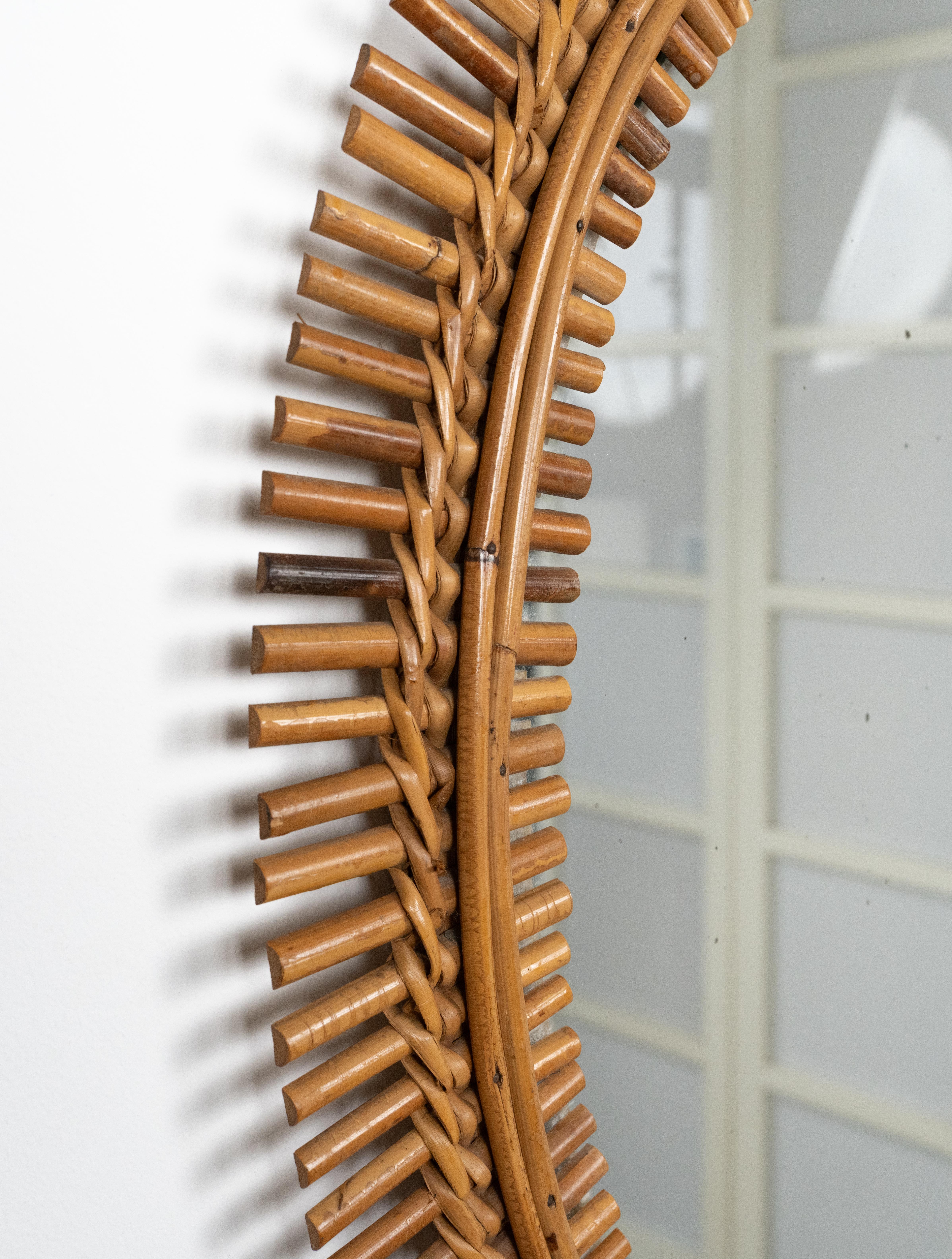 Bambou Midcentury Rattan and Bamboo Oval Wall Mirror Franco Albini Style, Italy 1960s en vente