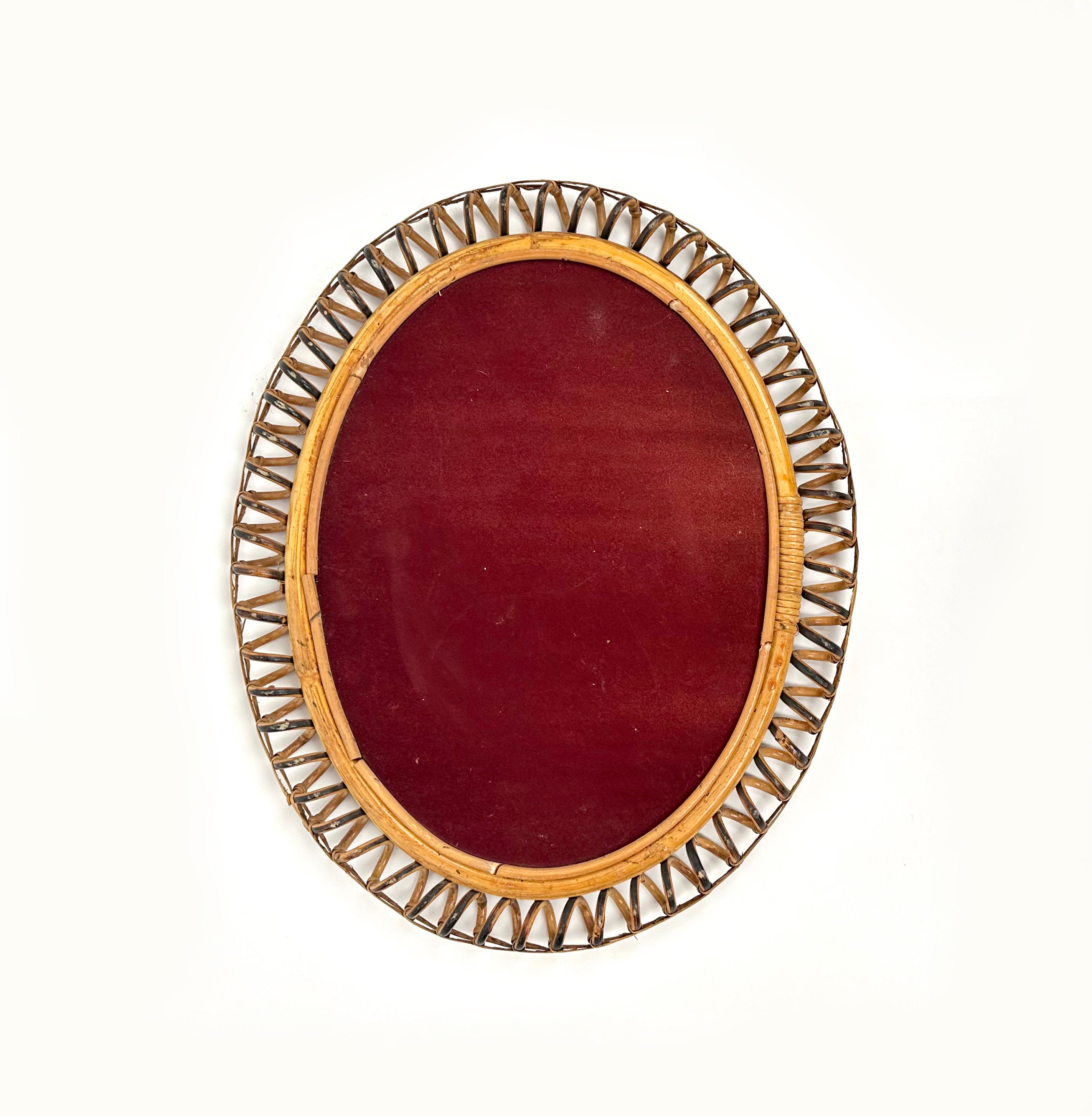Midcentury Rattan and Bamboo Oval Wall Mirror Franco Albini Style, Italy 1960s For Sale 1