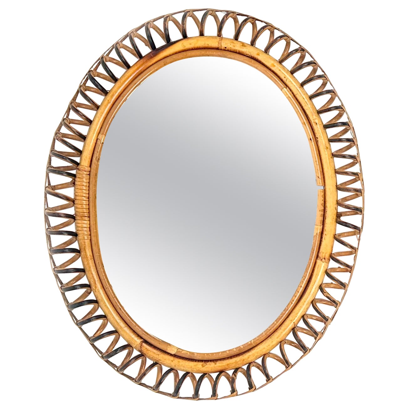 Midcentury Rattan and Bamboo Oval Wall Mirror Franco Albini Style, Italy 1960s
