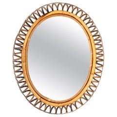 Midcentury Rattan and Bamboo Oval Wall Mirror Franco Albini Style, Italy 1960s
