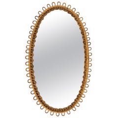 Midcentury Rattan and Bamboo Oval Wall Mirror Franco Albini Style, Italy, 1960s
