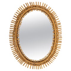 Midcentury Rattan and Bamboo Oval Wall Mirror Franco Albini Style, Italy 1960s