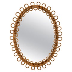 Midcentury Rattan and Bamboo Oval Wall Mirror Franco Albini Style, Italy 1960s