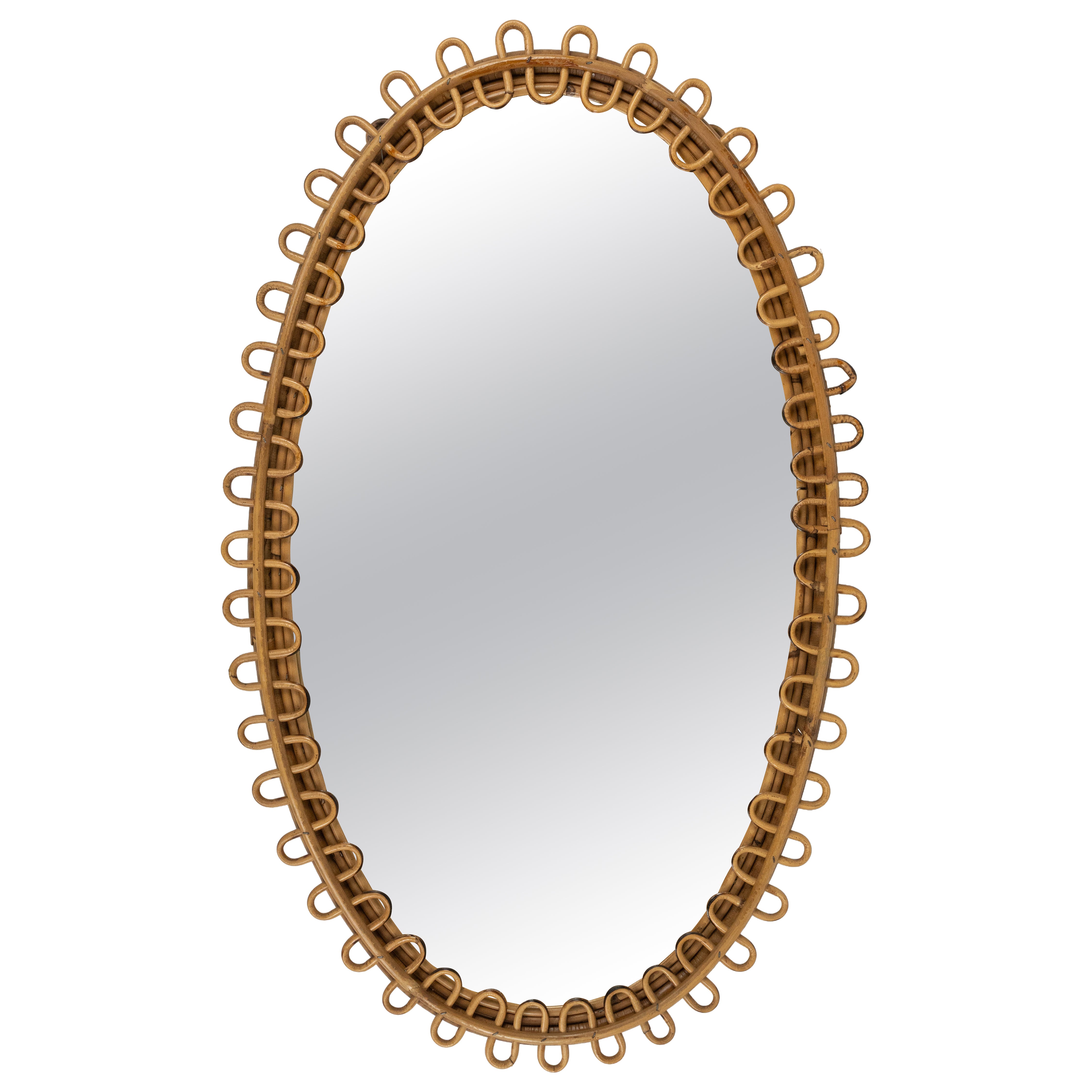 Midcentury Rattan and Bamboo Oval Wall Mirror Franco Albini Style, Italy, 1960s