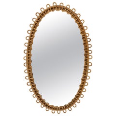 Midcentury Rattan and Bamboo Oval Wall Mirror Franco Albini Style, Italy, 1960s