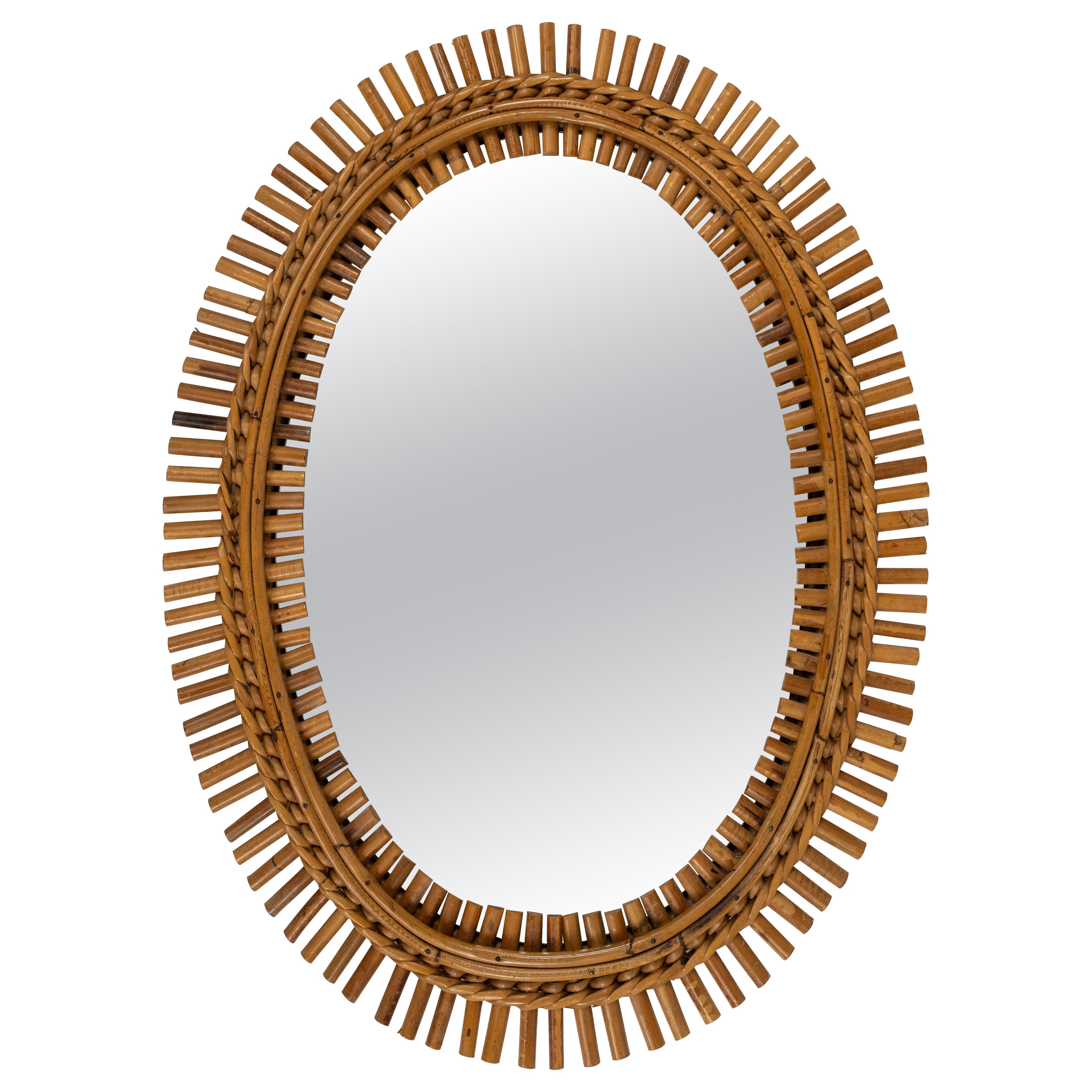 Midcentury Rattan and Bamboo Oval Wall Mirror Franco Albini Style, Italy 1960s