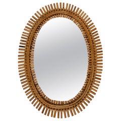Midcentury Rattan and Bamboo Oval Wall Mirror Franco Albini Style, Italy 1960s