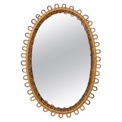 Midcentury Rattan and Bamboo Oval Wall Mirror Franco Albini Style, Italy, 1960s