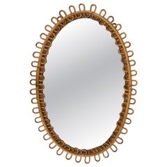 Midcentury Rattan and Bamboo Oval Wall Mirror Franco Albini Style, Italy 1960s