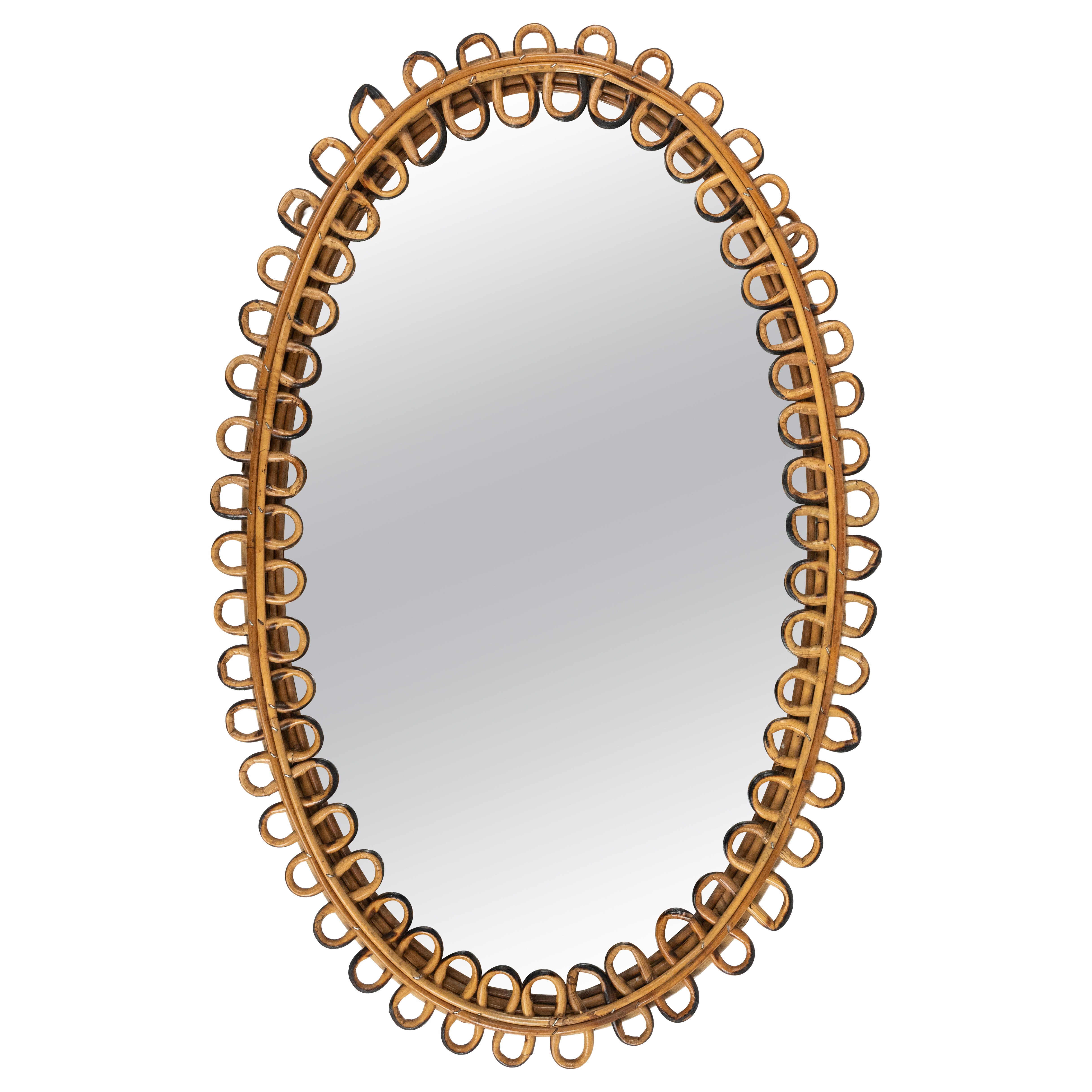 Midcentury Rattan and Bamboo Oval Wall Mirror Franco Albini Style, Italy 1960s