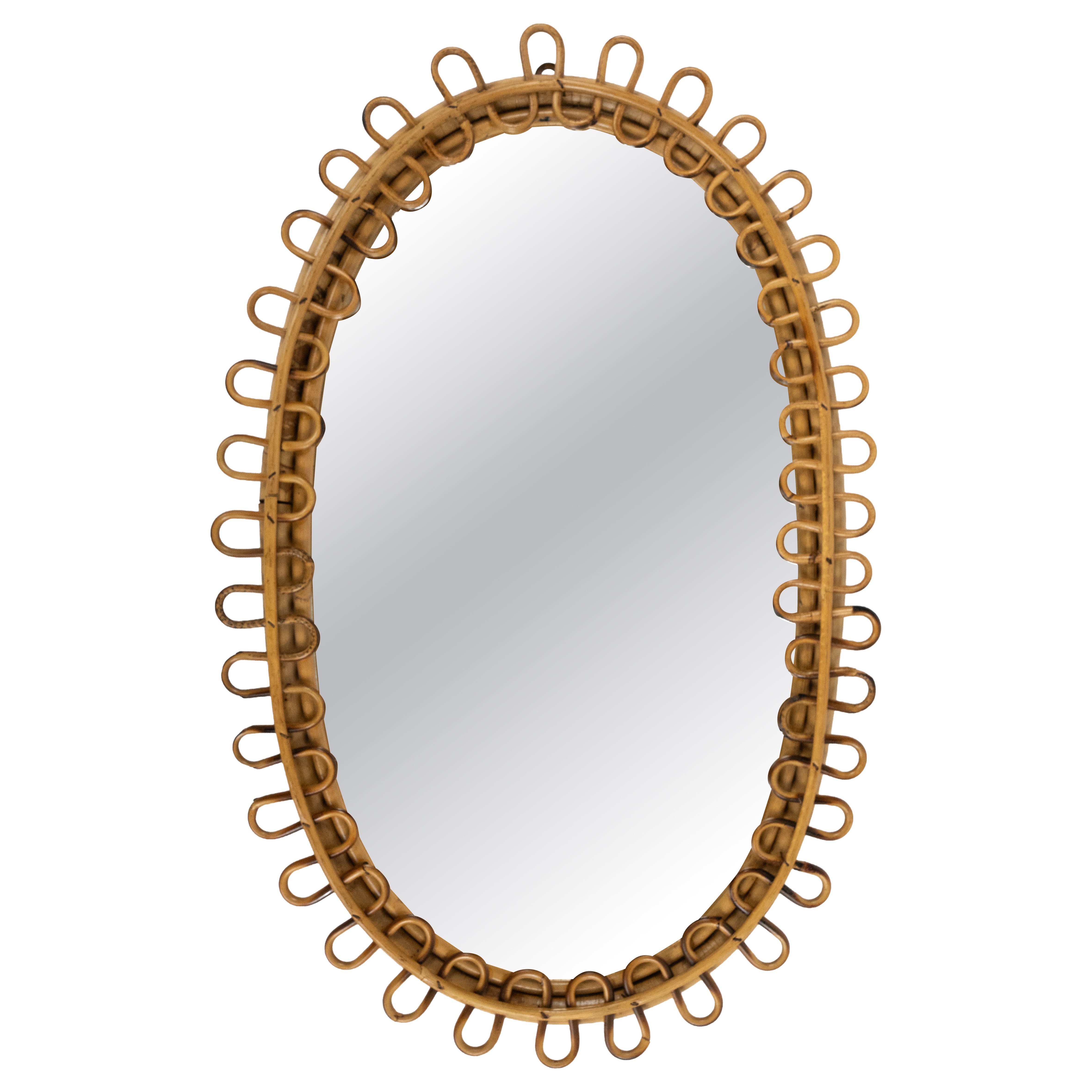 Midcentury Rattan and Bamboo Oval Wall Mirror Franco Albini Style, Italy 1960s