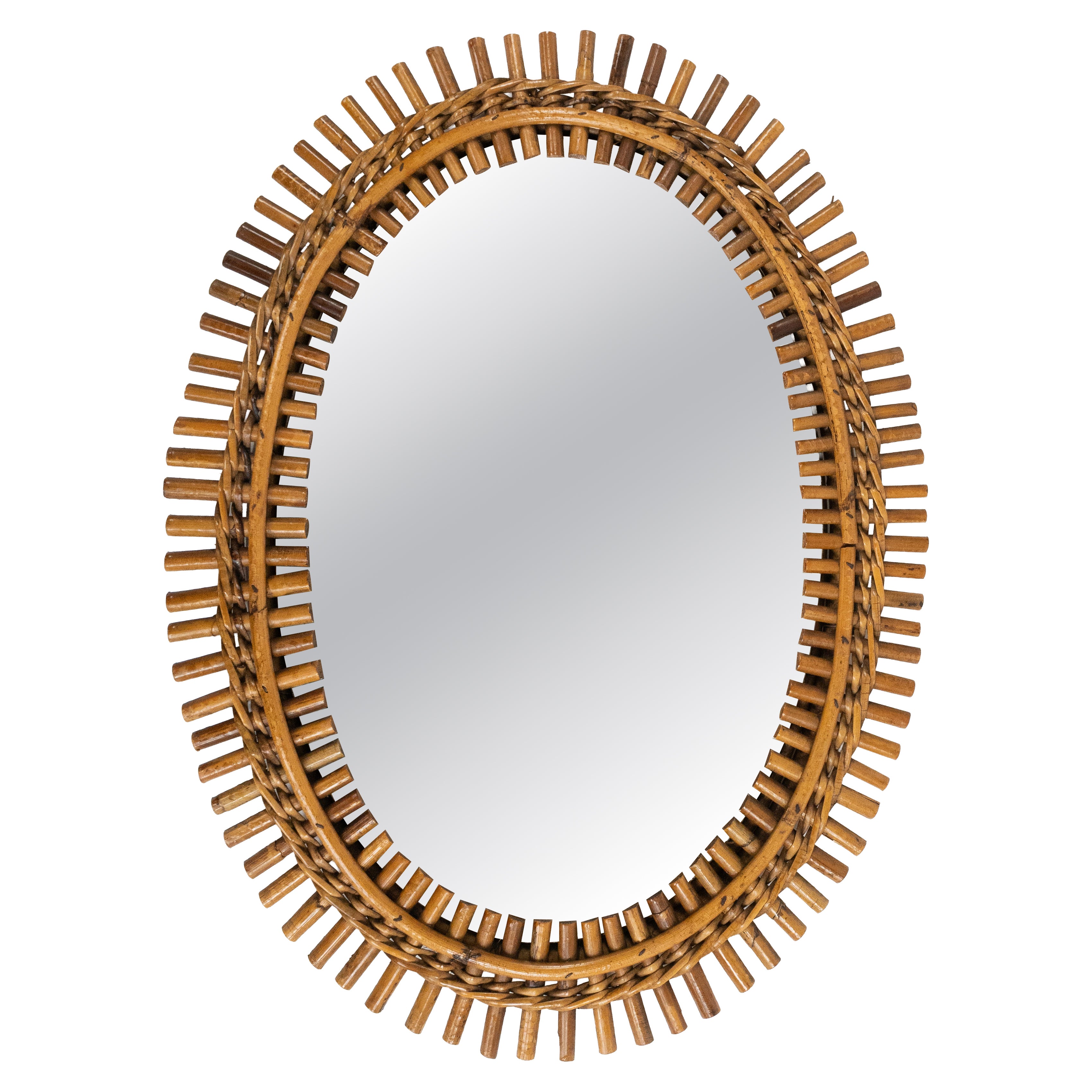 Midcentury Rattan and Bamboo Oval Wall Mirror Franco Albini Style, Italy 1960s
