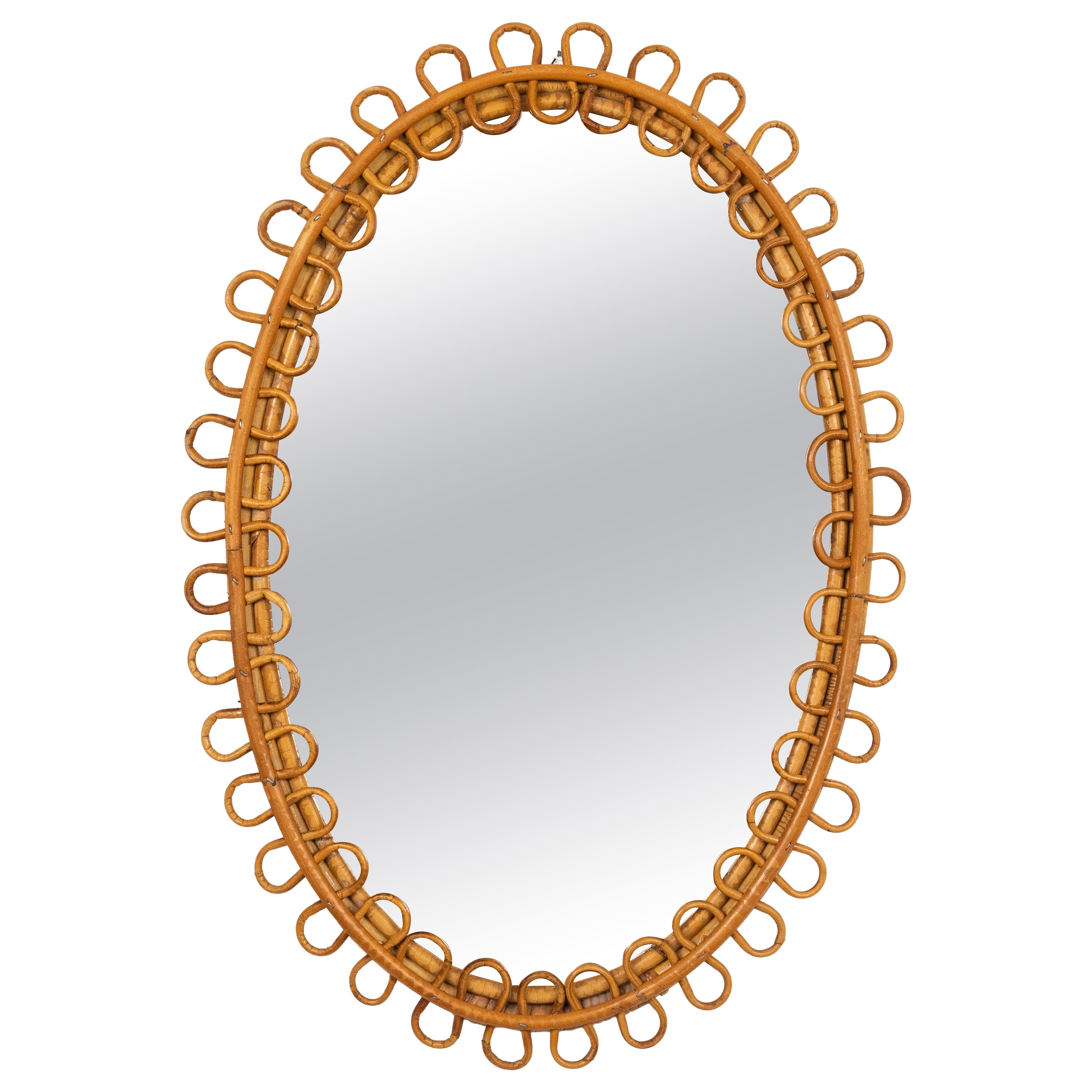 Midcentury Rattan and Bamboo Oval Wall Mirror Franco Albini Style, Italy 1960s
