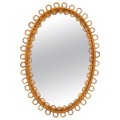 Midcentury Rattan and Bamboo Oval Wall Mirror Franco Albini Style, Italy 1960s