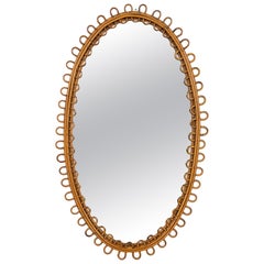 Midcentury Rattan and Bamboo Oval Wall Mirror Franco Albini Style, Italy 1960s