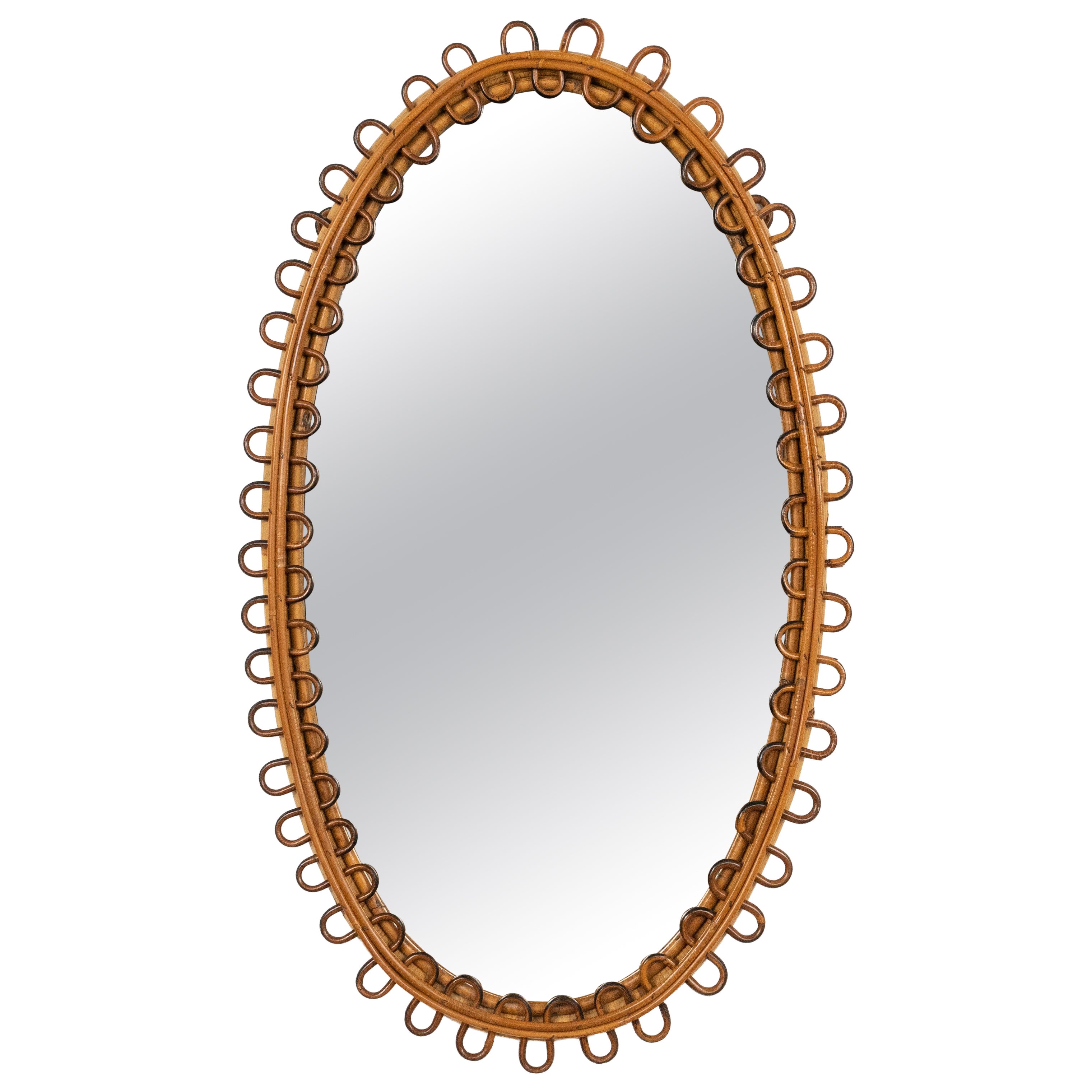 Midcentury Rattan and Bamboo Oval Wall Mirror Franco Albini Style, Italy 1960s