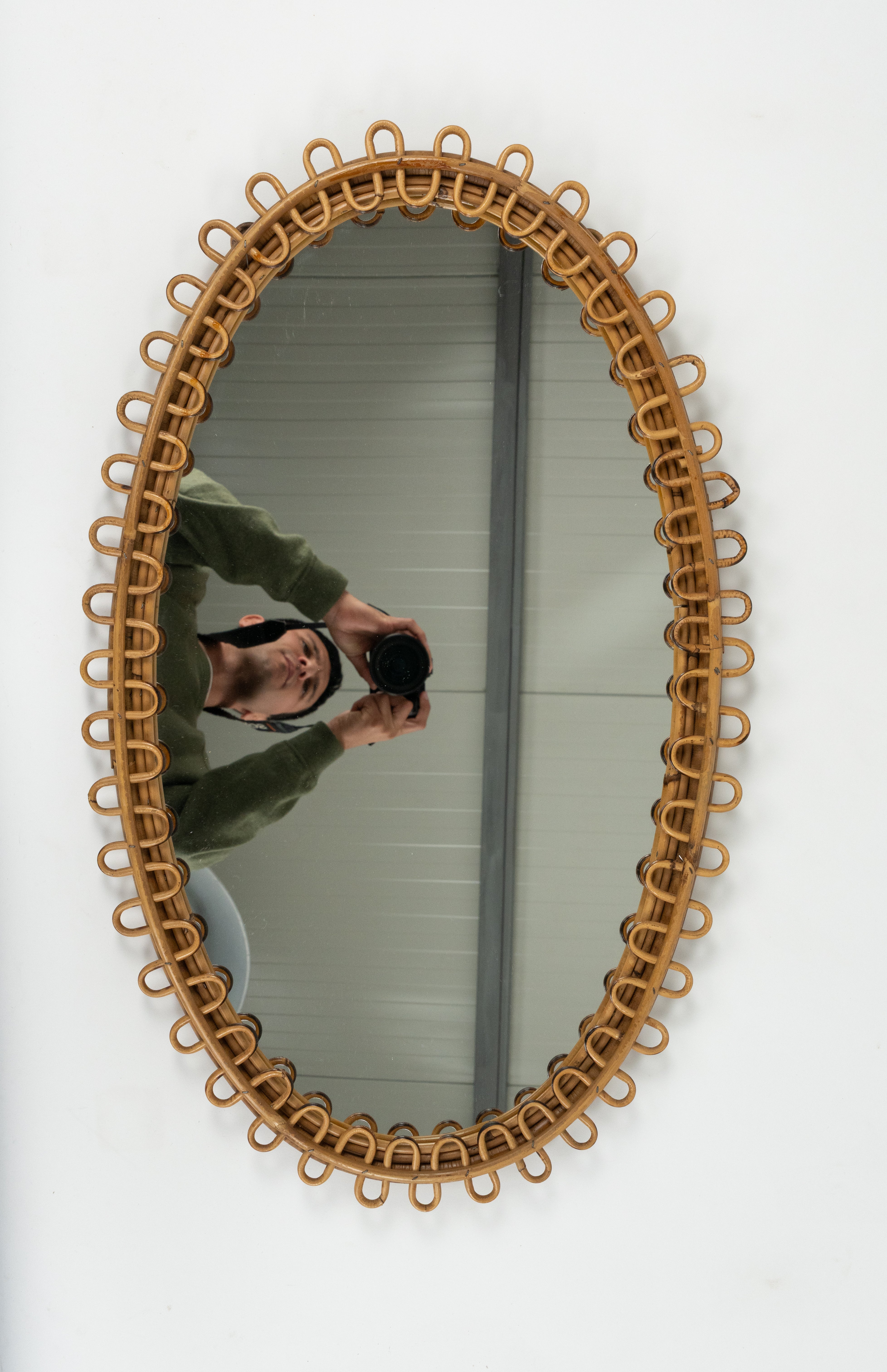 Midcentury Rattan and Bamboo Oval Wall Mirror Franco Albini Style, Italy, 1960s