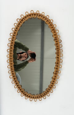 Midcentury Rattan and Bamboo Oval Wall Mirror Franco Albini Style, Italy, 1960s