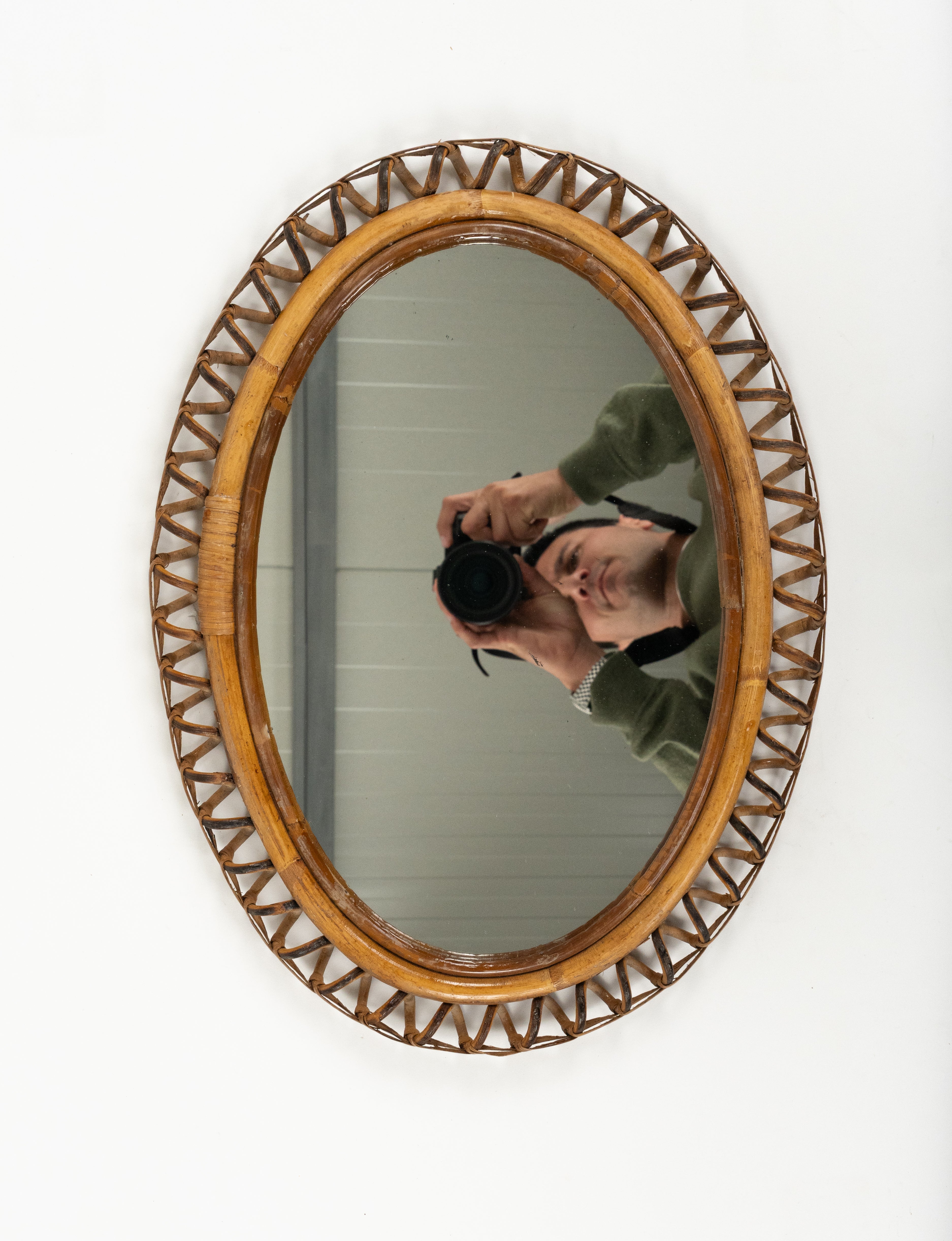 Midcentury Rattan and Bamboo Oval Wall Mirror Franco Albini Style, Italy 1960s