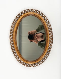 Midcentury Rattan and Bamboo Oval Wall Mirror Franco Albini Style, Italy 1960s