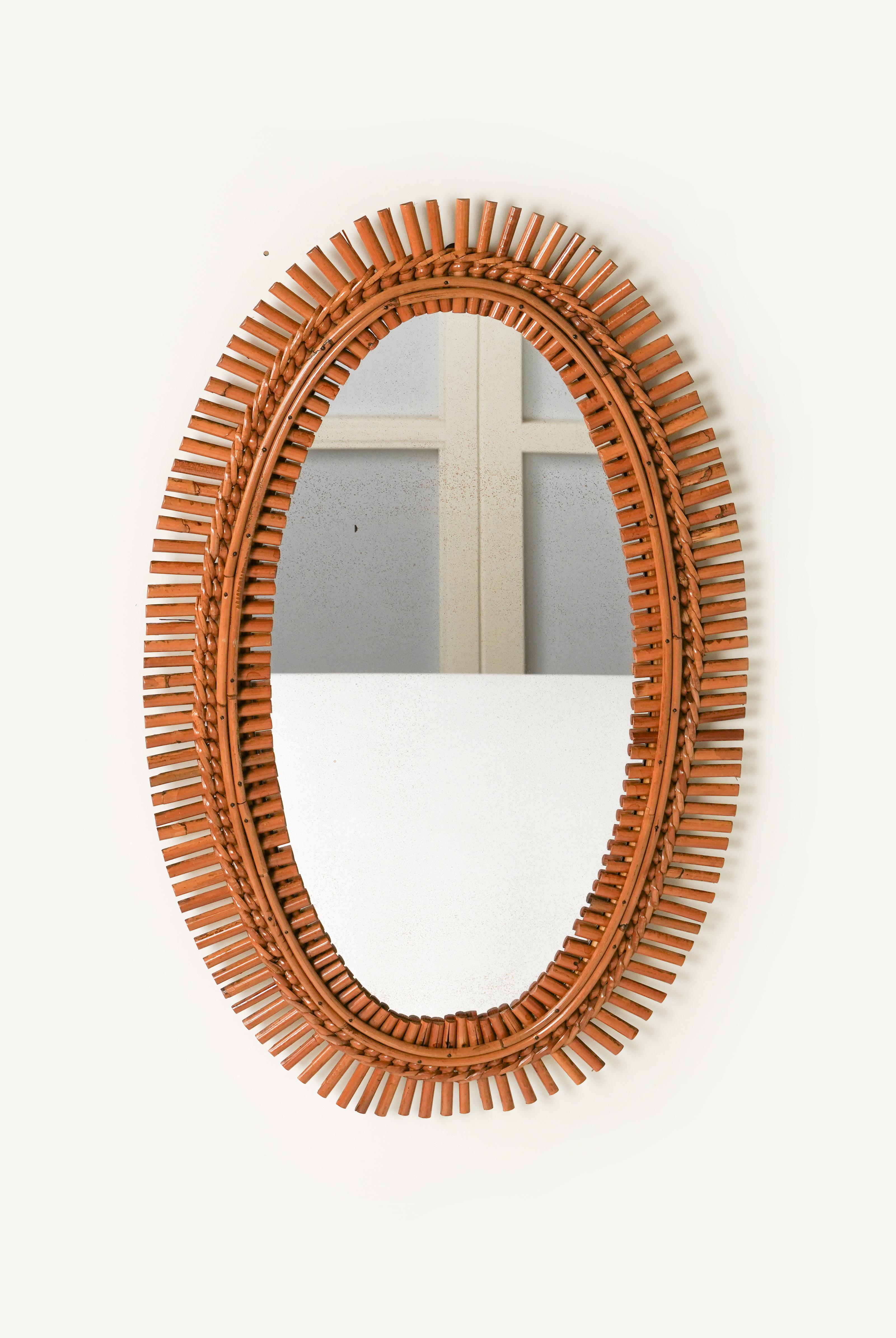 Midcentury Rattan and Bamboo Oval Wall Mirror, Italy 1960s For Sale 4