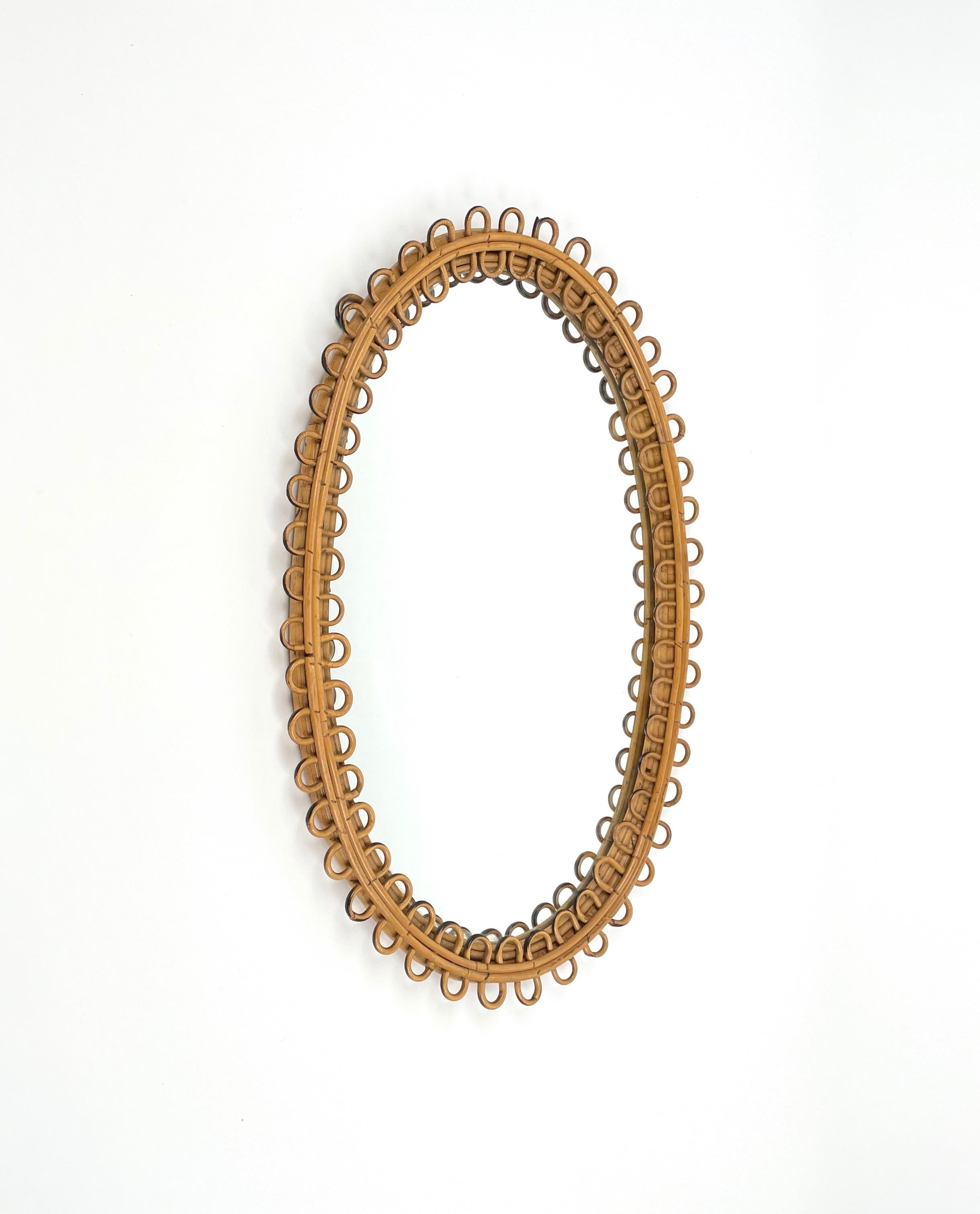 Mid-Century Modern Midcentury Rattan and Bamboo Oval Wall Mirror, Italy, 1960s