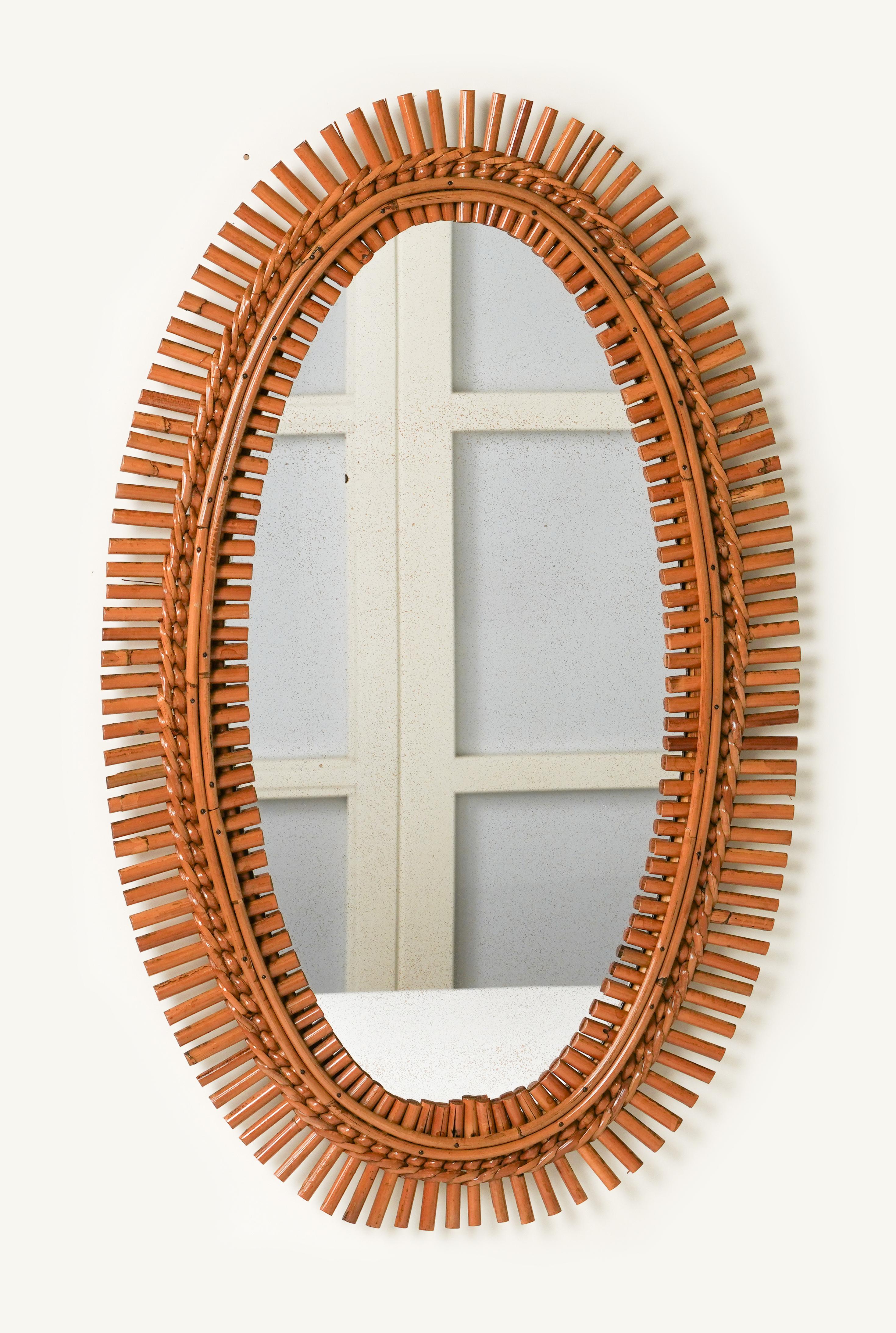 Mid-Century Modern Midcentury Rattan and Bamboo Oval Wall Mirror, Italy 1960s For Sale