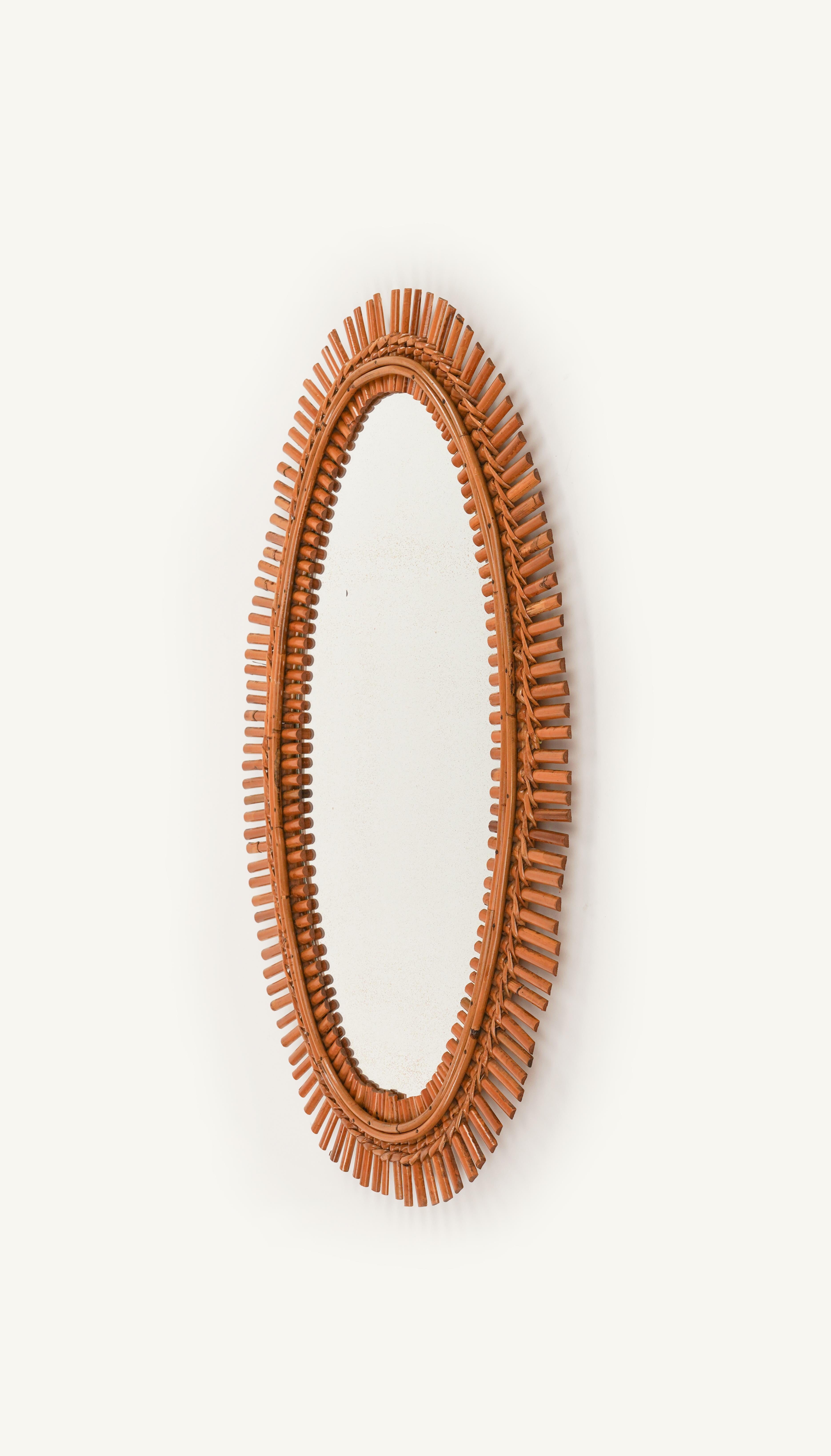 Italian Midcentury Rattan and Bamboo Oval Wall Mirror, Italy 1960s For Sale