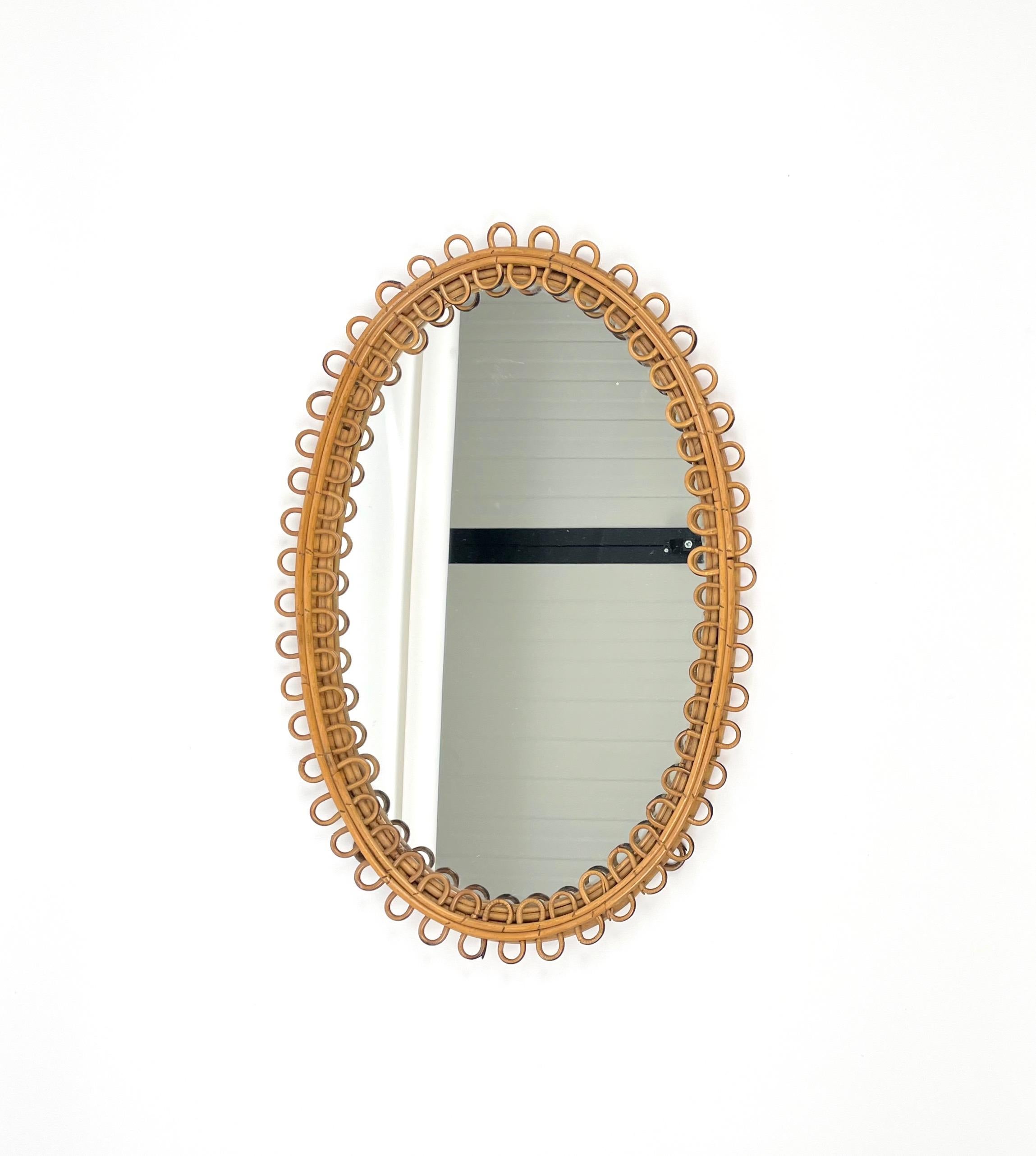 Mid-20th Century Midcentury Rattan and Bamboo Oval Wall Mirror, Italy, 1960s