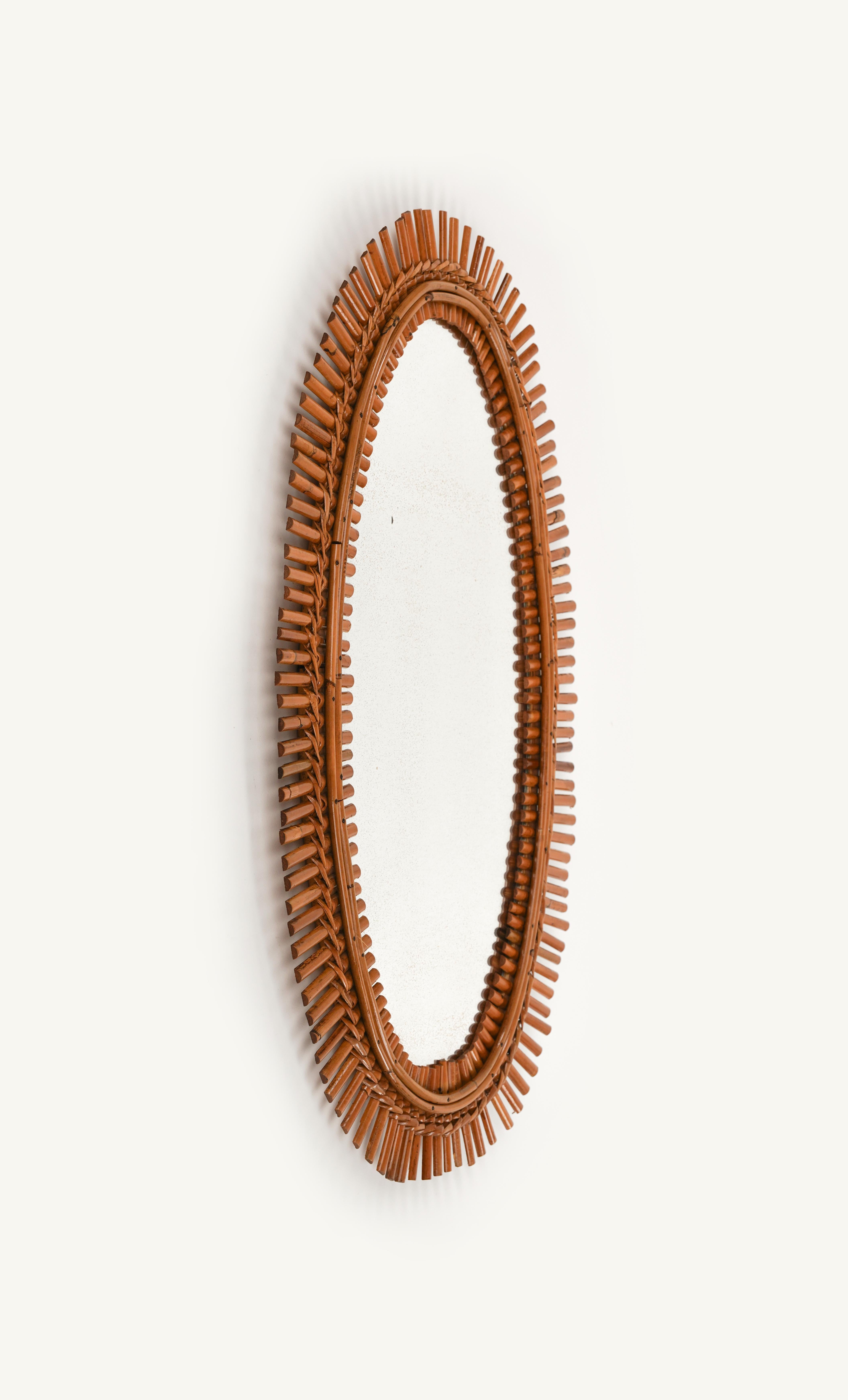 Mid-20th Century Midcentury Rattan and Bamboo Oval Wall Mirror, Italy 1960s For Sale