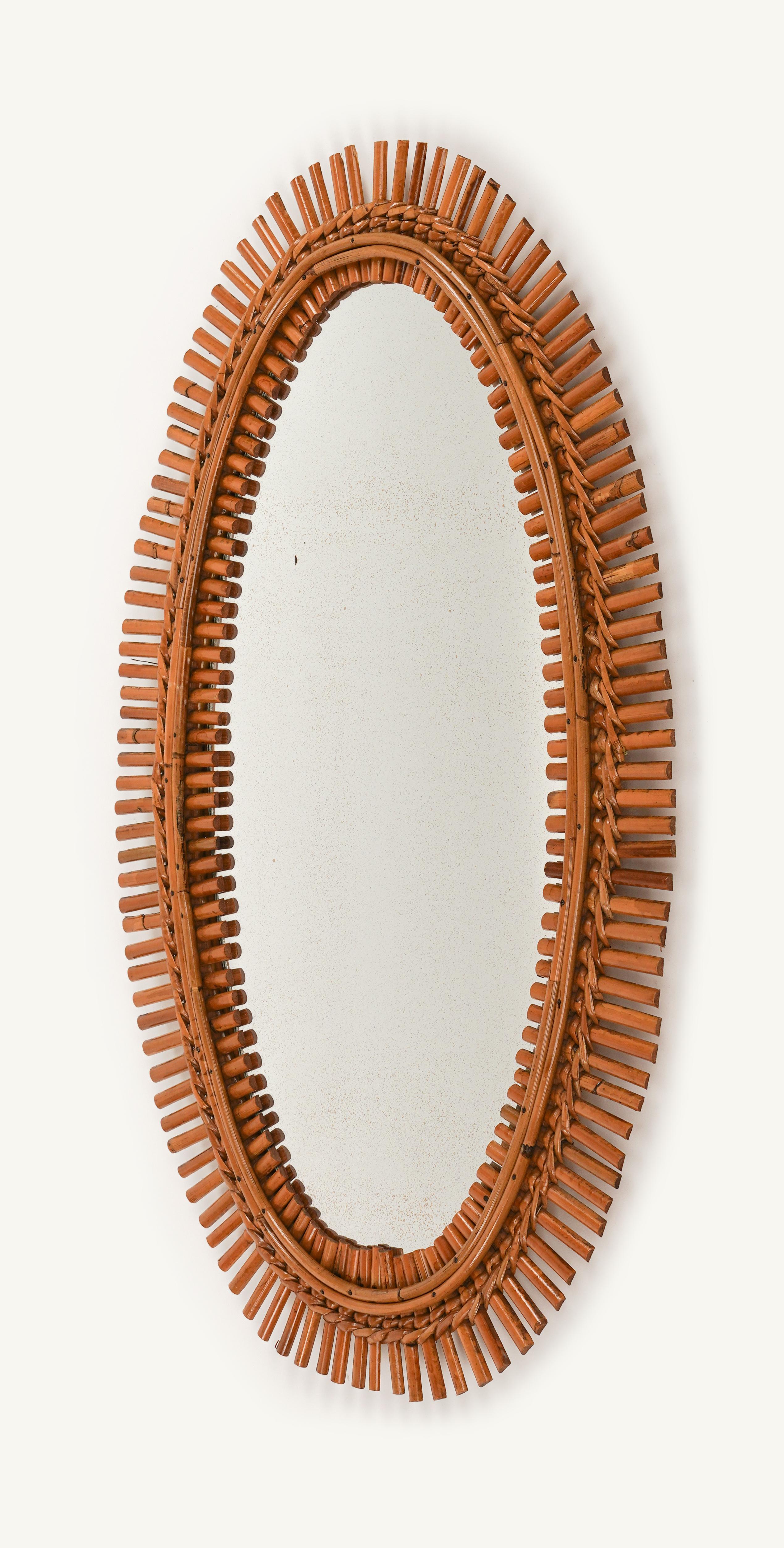 Midcentury Rattan and Bamboo Oval Wall Mirror, Italy 1960s For Sale 1