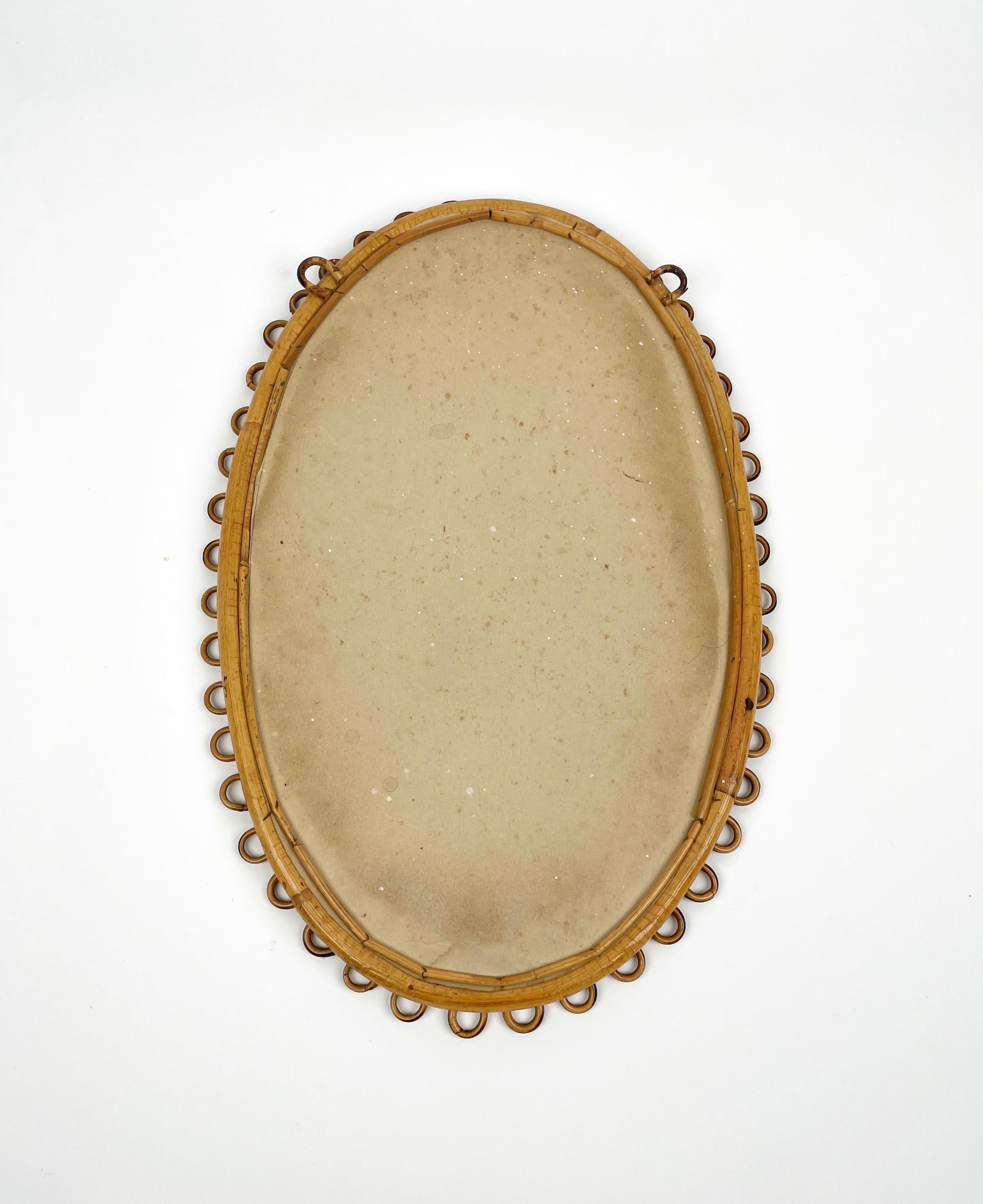 Midcentury Rattan and Bamboo Oval Wall Mirror, Italy, 1960s 2