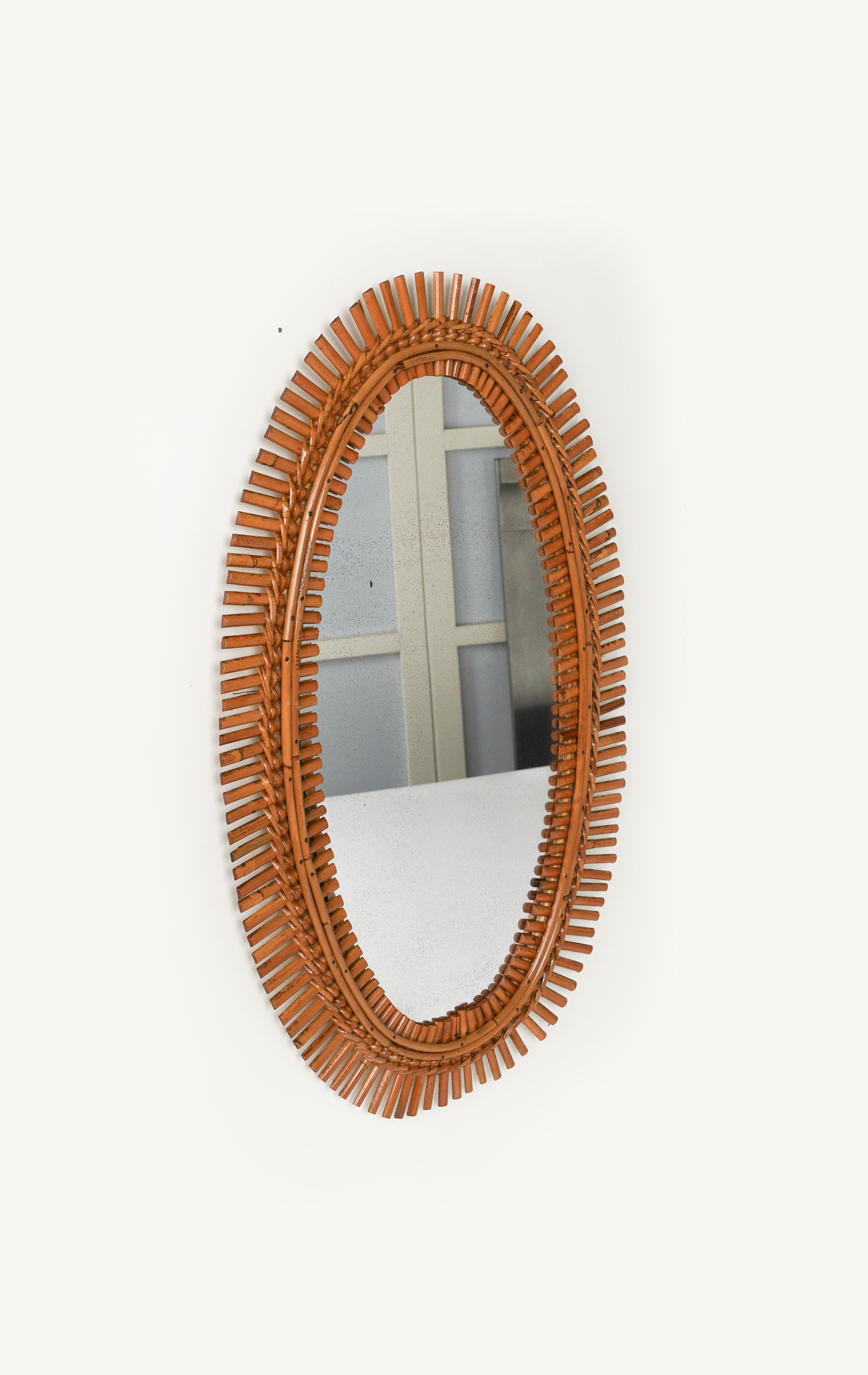 Midcentury Rattan and Bamboo Oval Wall Mirror, Italy 1960s For Sale 2