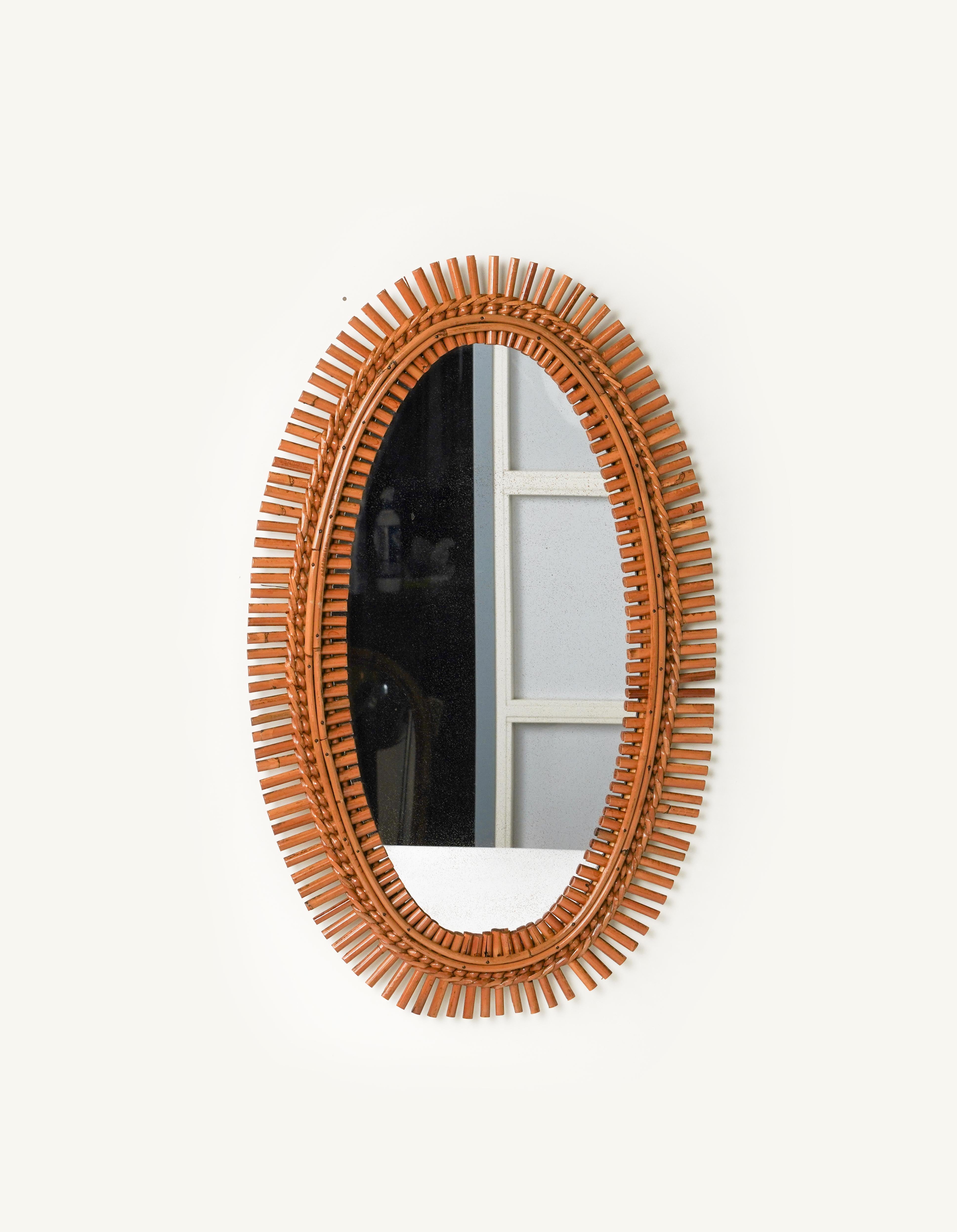 Midcentury Rattan and Bamboo Oval Wall Mirror, Italy 1960s For Sale 3