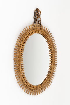 Midcentury Rattan and Bamboo Oval Wall Mirror with Chain, Italy 1960s