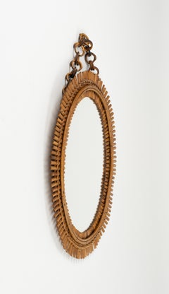 Midcentury Rattan and Bamboo Oval Wall Mirror with Chain, Italy 1960s