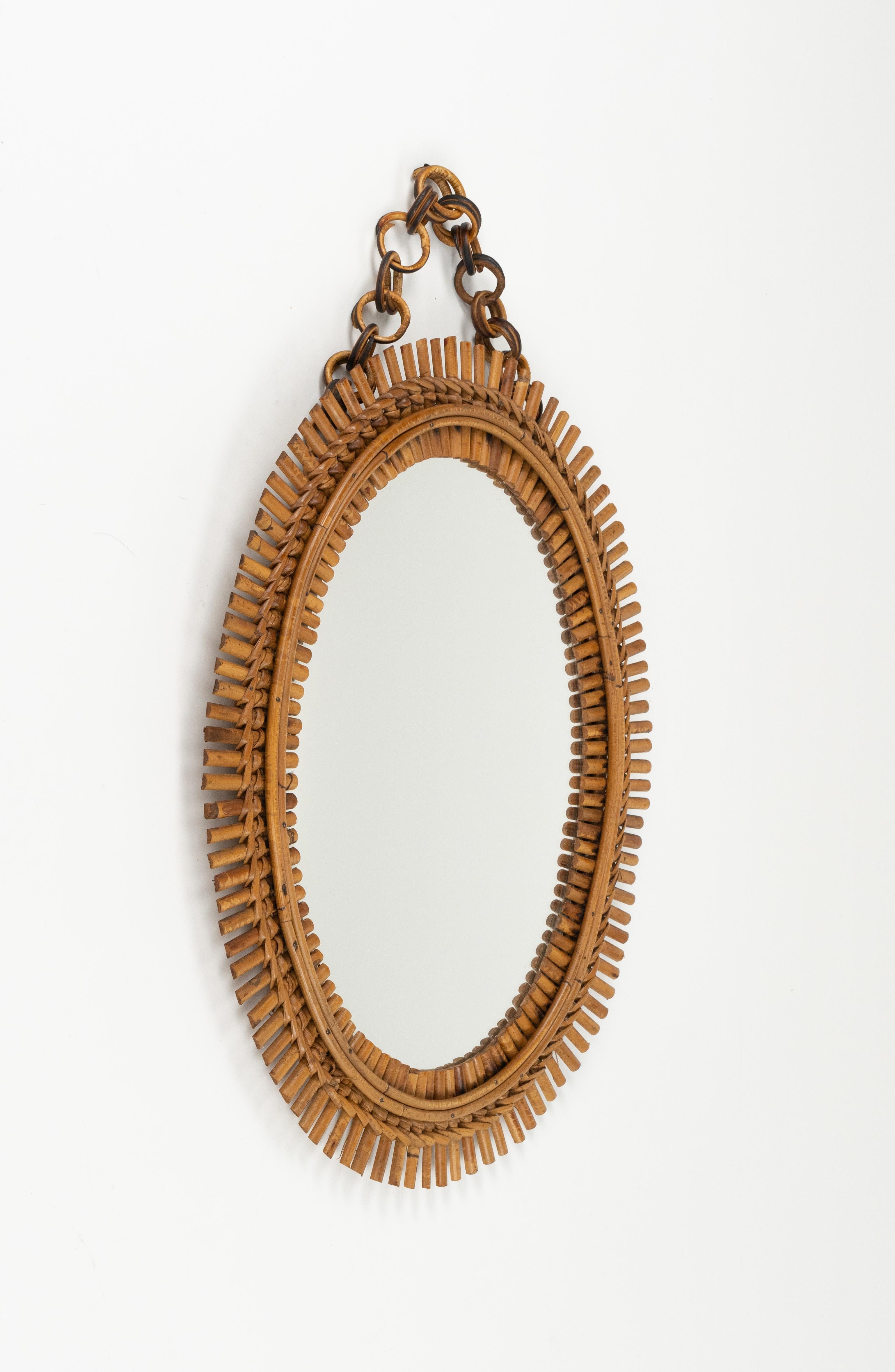 Mid-Century Modern Midcentury Rattan and Bamboo Oval Wall Mirror with Chain, Italy 1960s For Sale