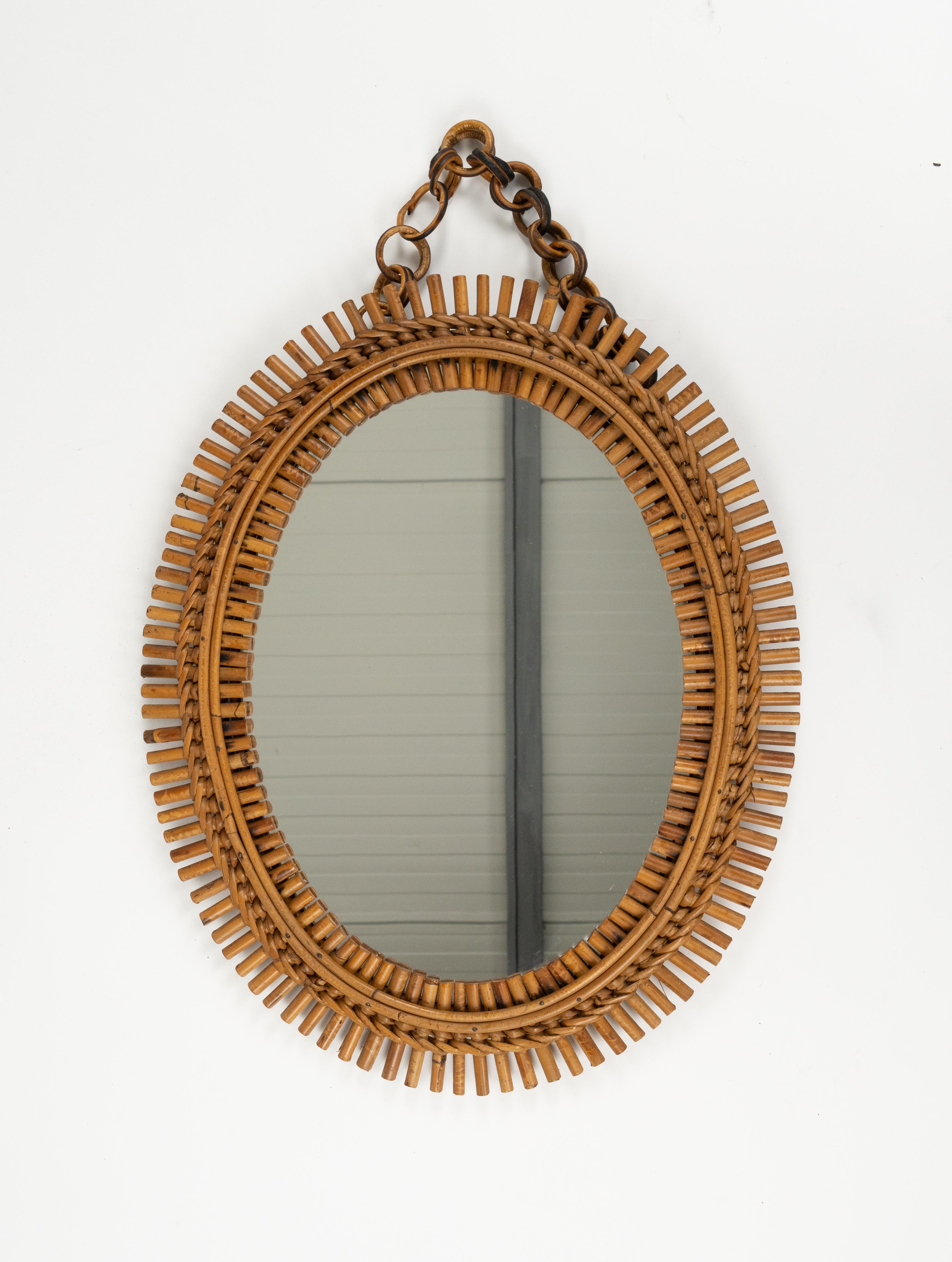 Italian Midcentury Rattan and Bamboo Oval Wall Mirror with Chain, Italy 1960s For Sale